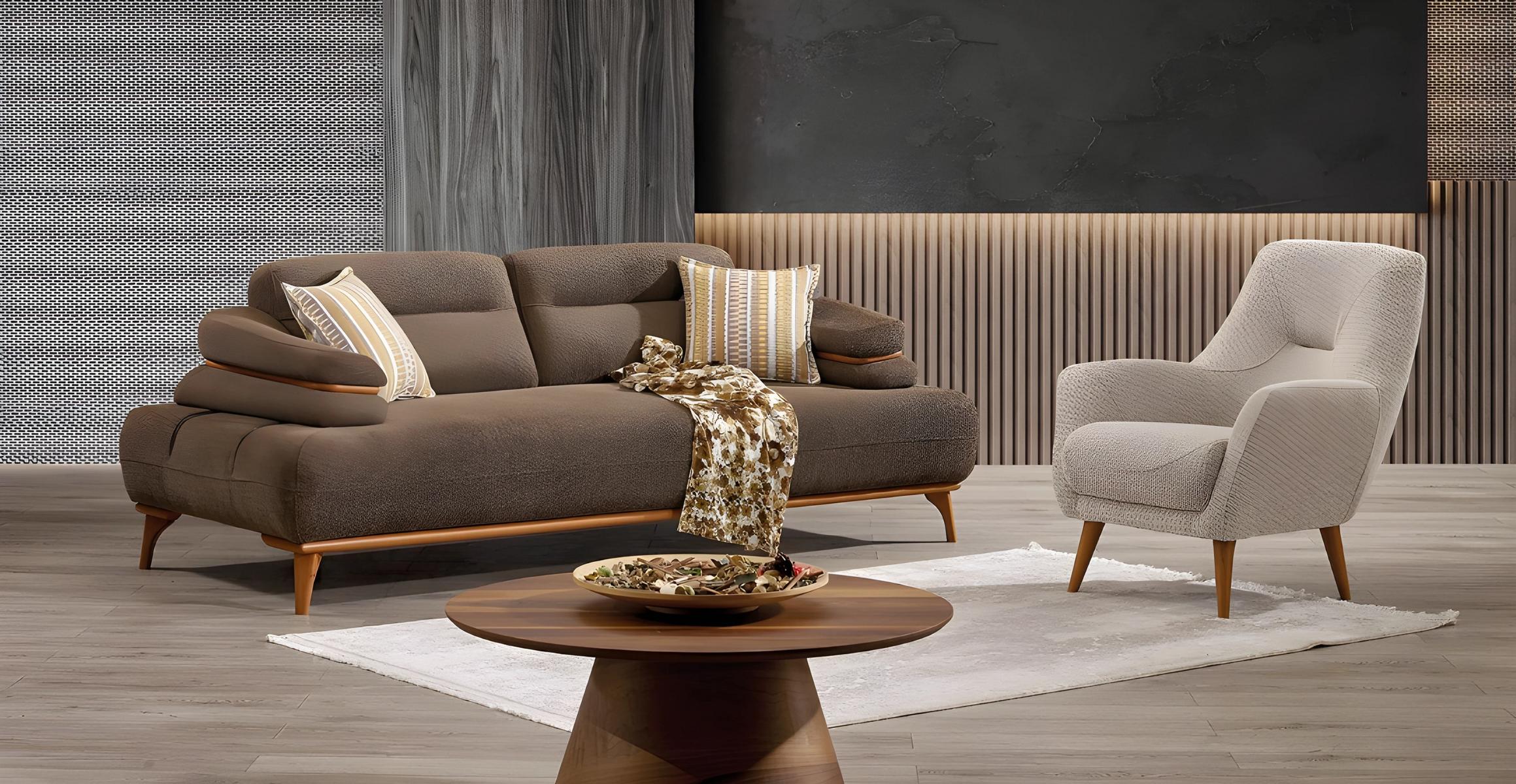 Elegantes braunes Wohnzimmer Set aus Stoff und Holz