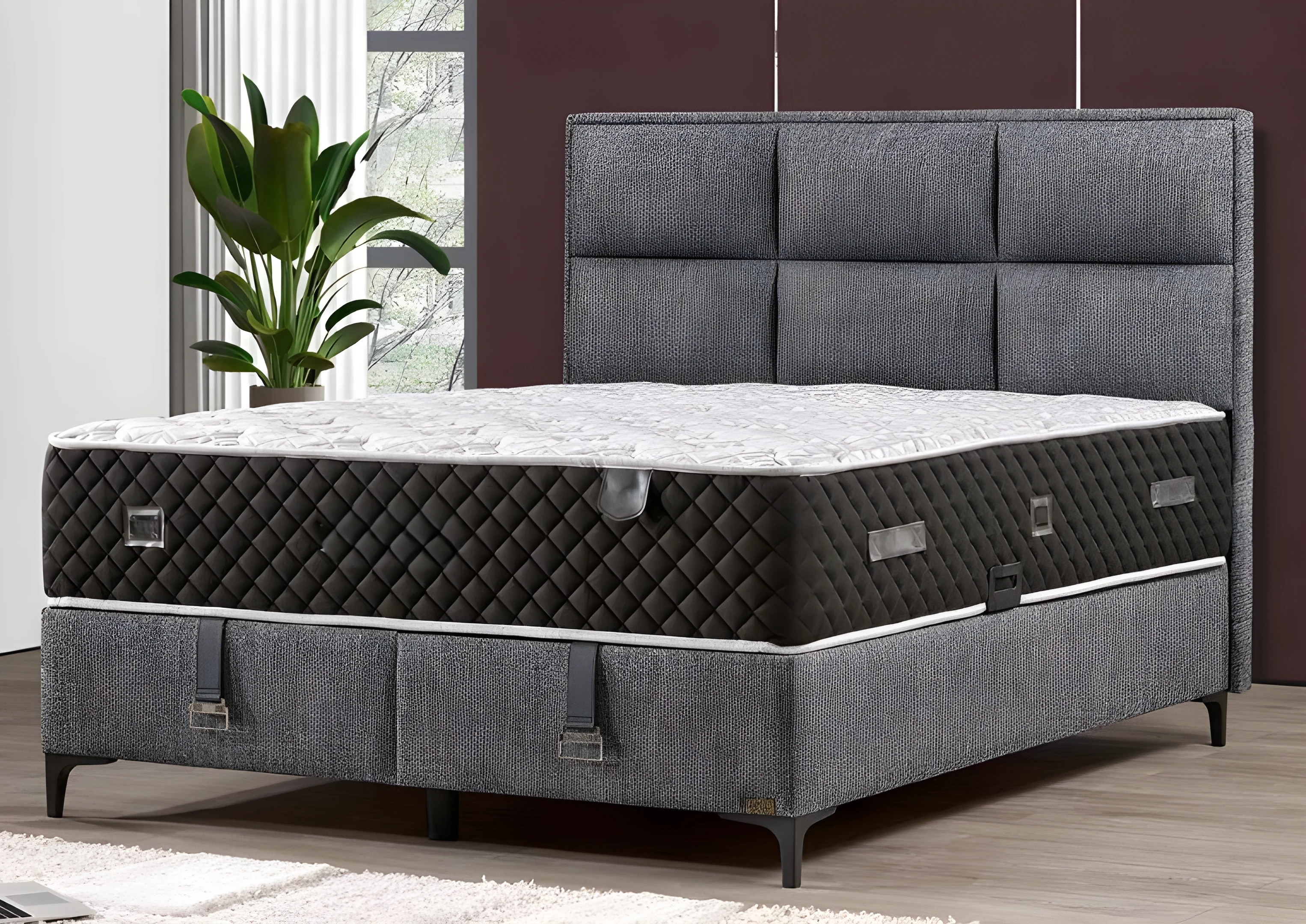 Elegantes graues Bett mit Matratze aus Holz und Textil