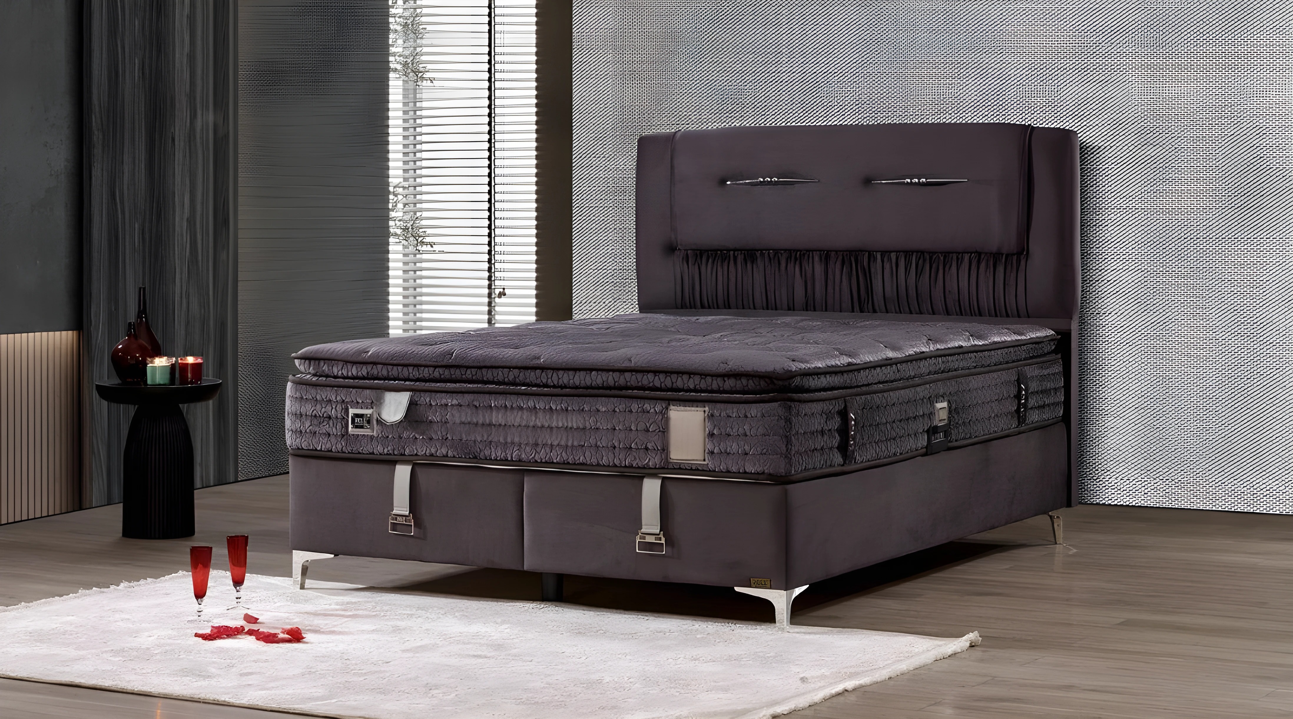 Elegantes braunes Bett mit Matratze aus Holz und Textil