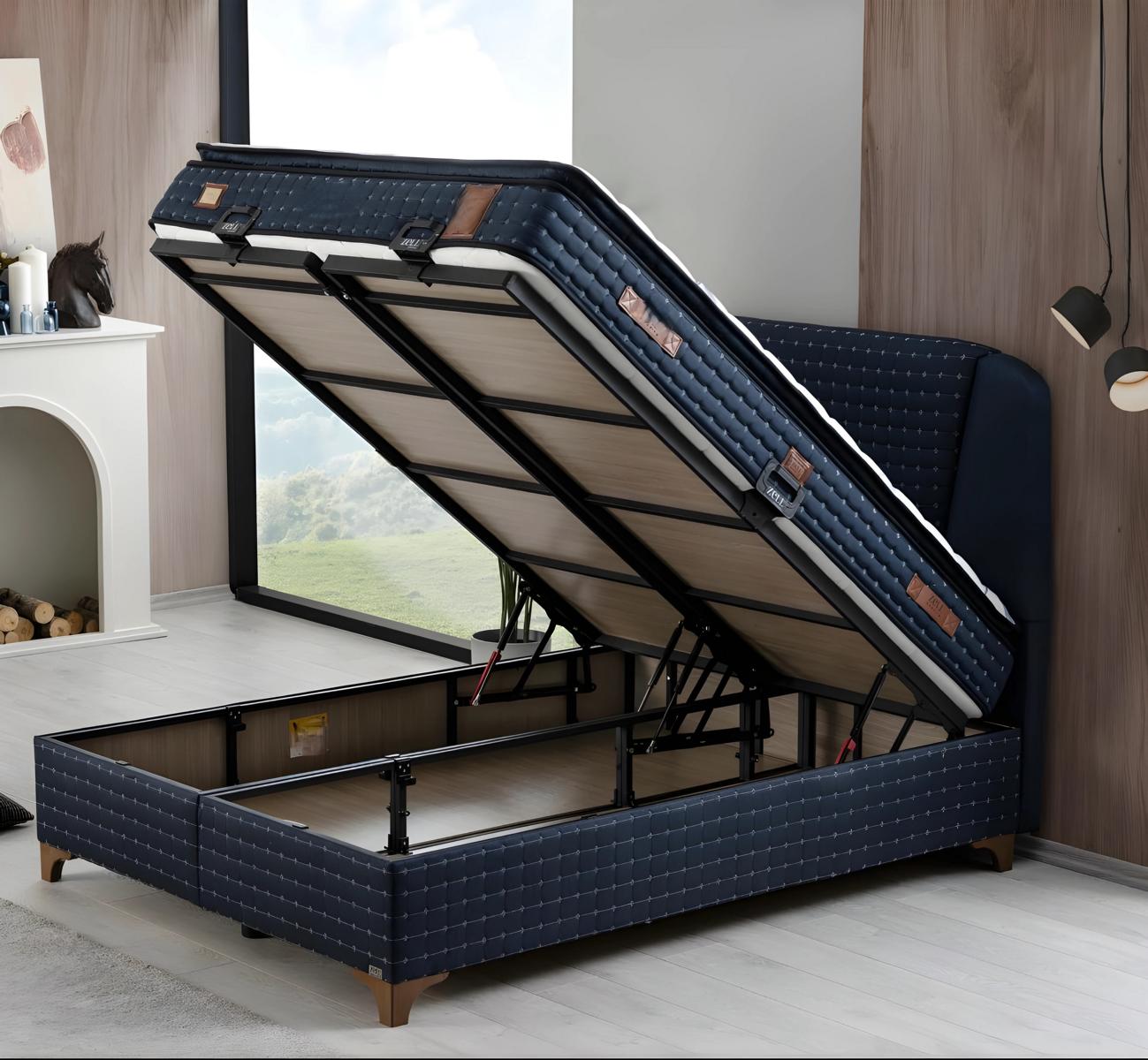 Blaues Textilbett modern mit Holzrahmen