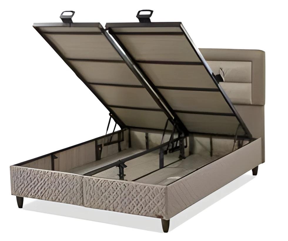 Elegantes Bett aus Textil und Holz in Beige für modernes Schlafzimmer