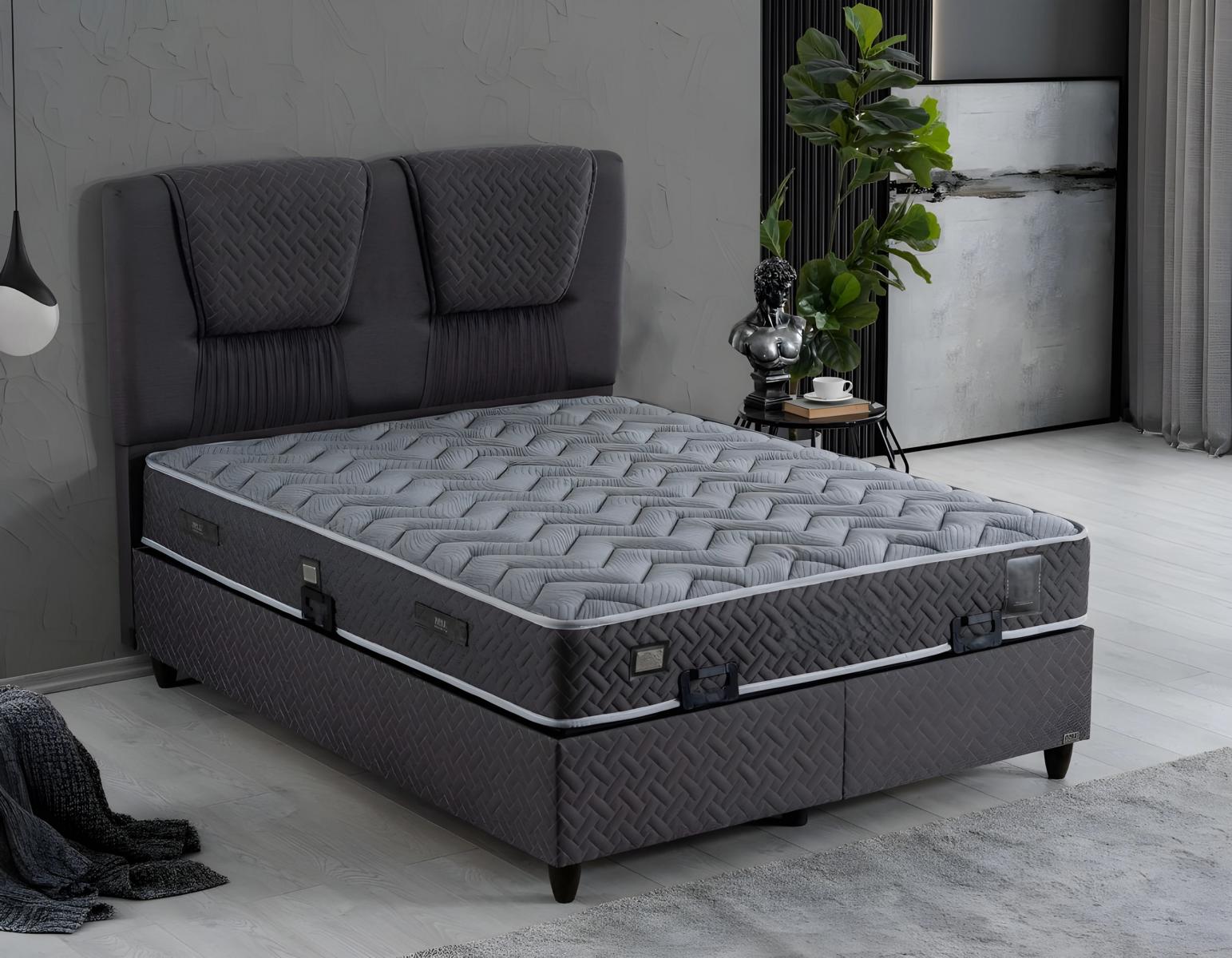 Elegantes graues Bett mit Matratze aus Textil und Holz