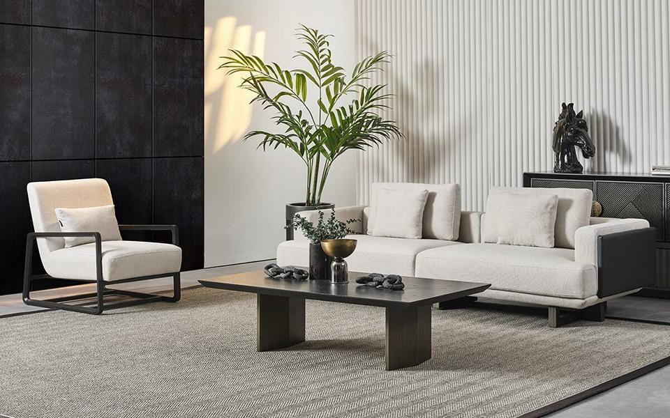 Elegantes Wohnzimmermöbelset aus Holz in Braun mit 3-Sitzer, Sessel