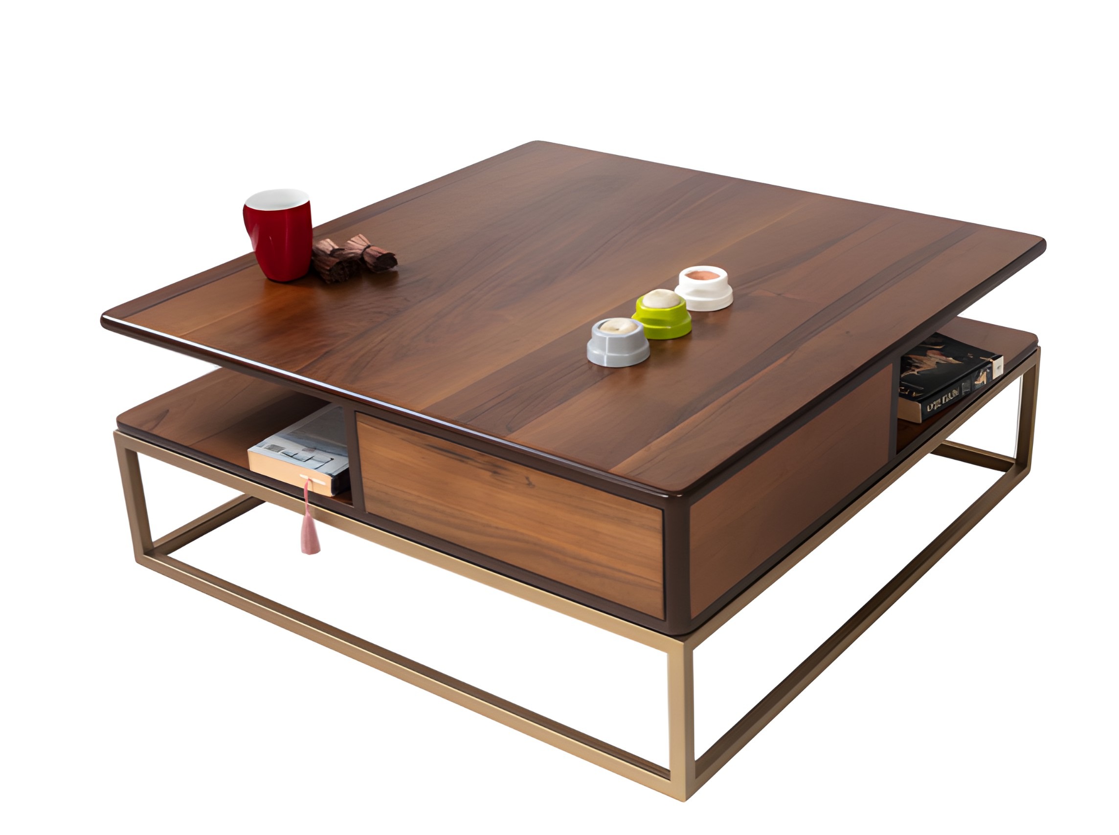 Quadratischer Couchtisch mit Büchernische und stilvollem Sockel