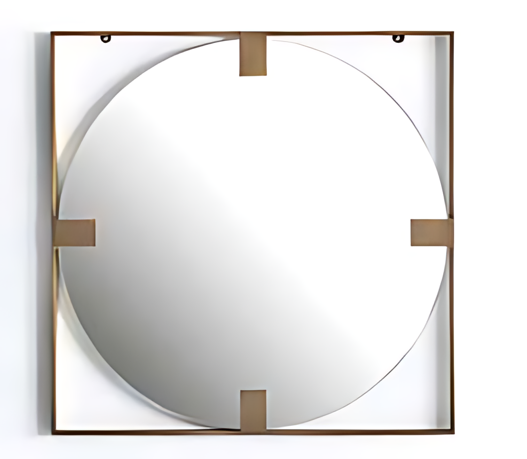 Moderner Wandspiegel rundes Spiegelglas quadratischem Rahmen Wohnzimmer Tisch