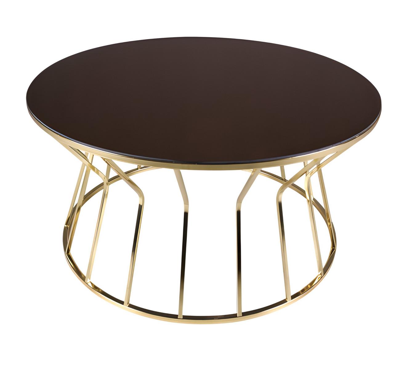 Runder Couchtisch aus Glas mit stabilem Metallgestell in Gold