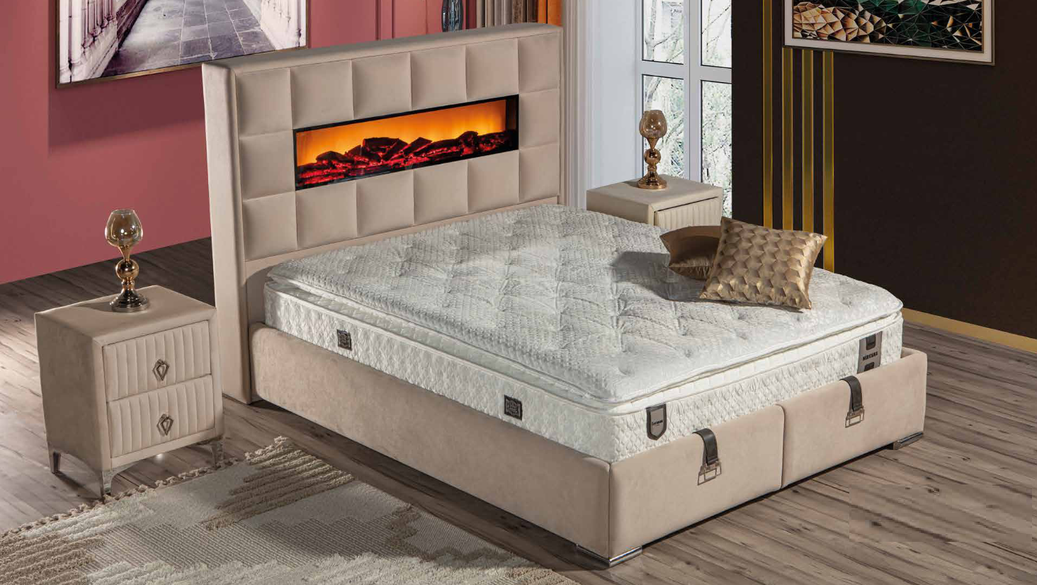 Elegantes Bett mit Matratze in Beige aus Textil und Edelstahl