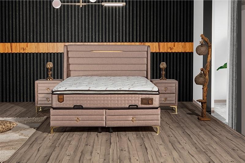 Elegantes Bett mit Matratze in Beige aus Textil und Edelstahl