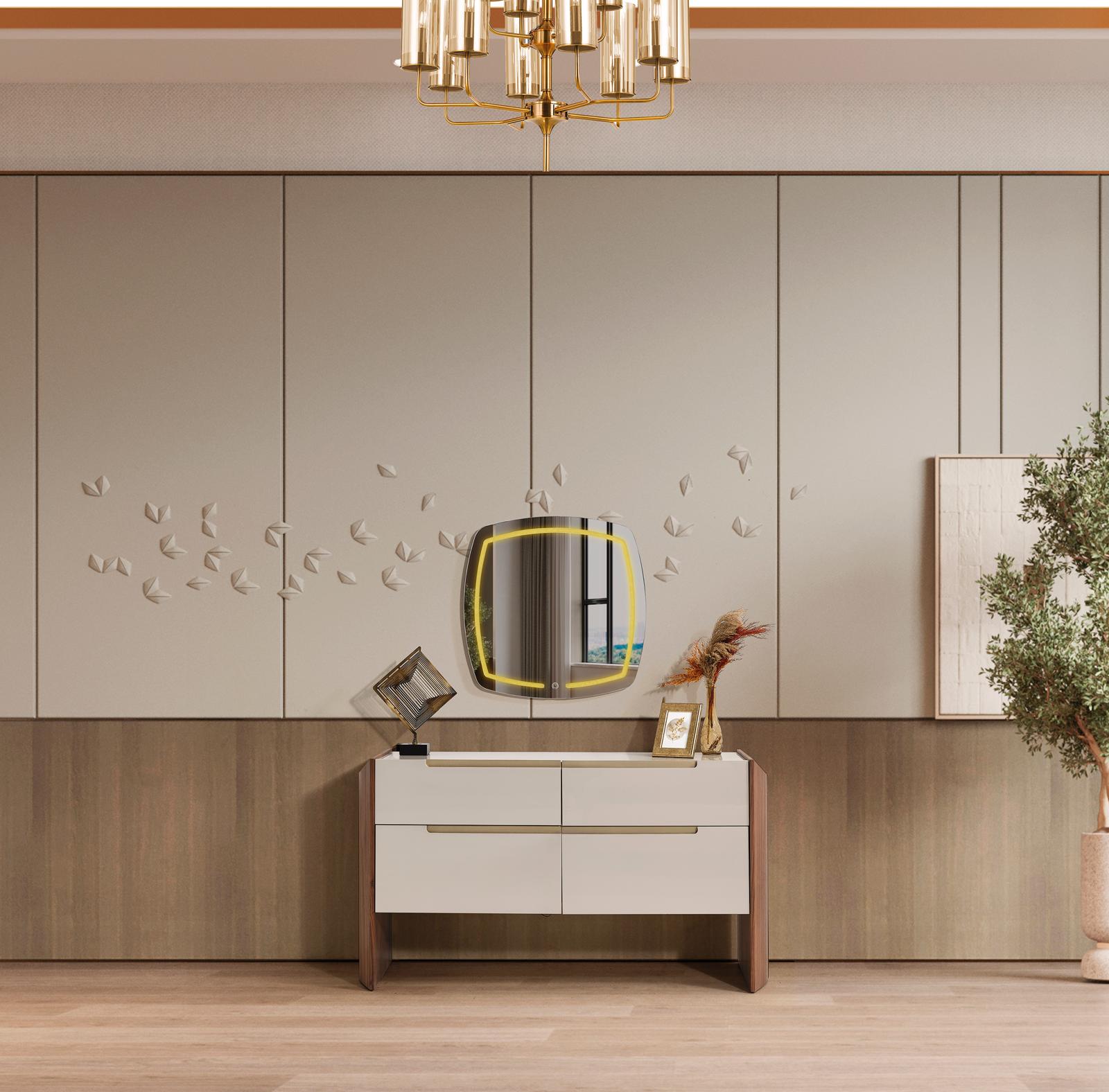 Eleganter Beigefarbener Holzschminktisch mit Spiegel und Stauraum