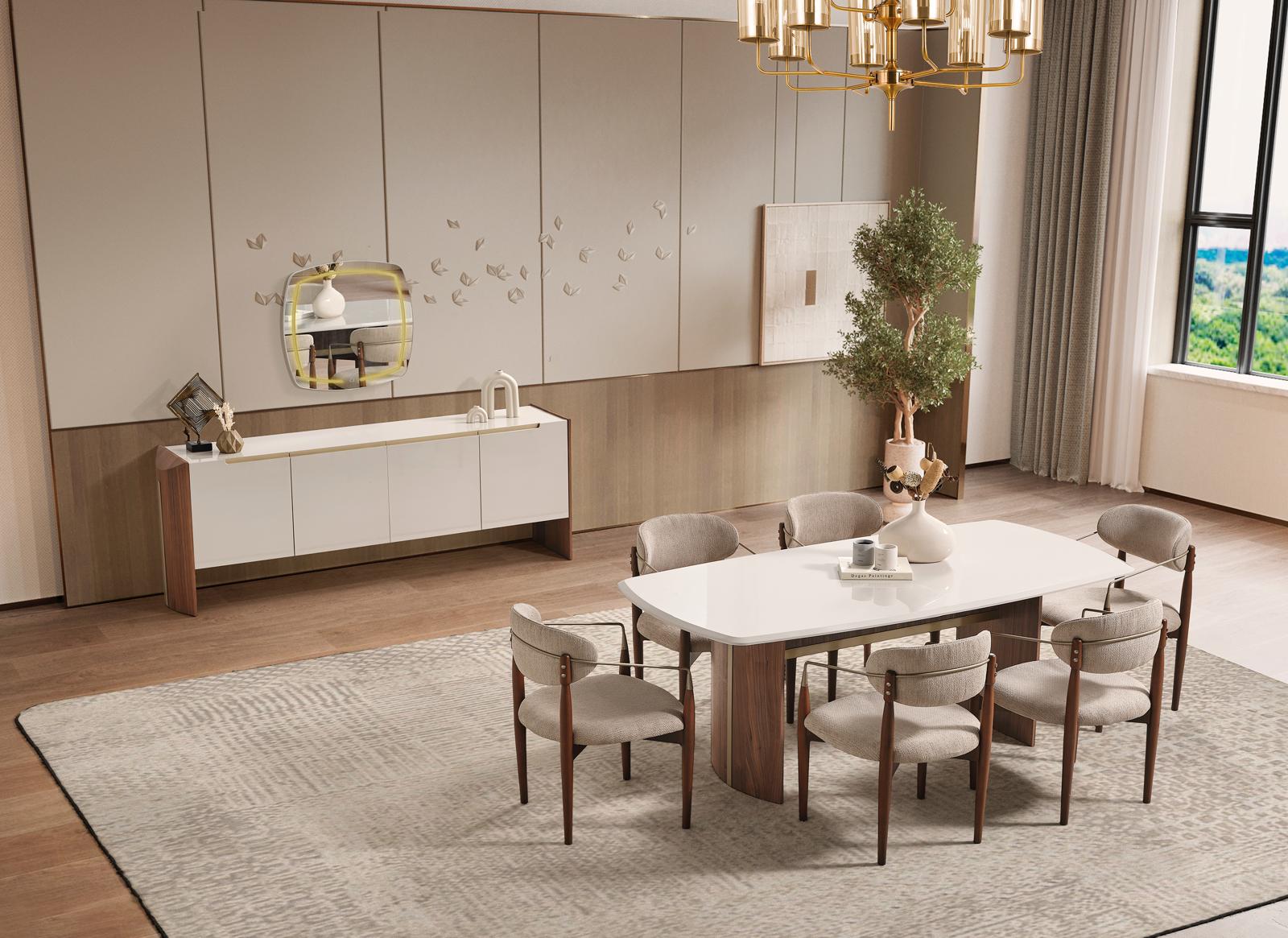 Luxus Esszimmer-Set Beigefarbene Holz- und Textilmöbel mit Spiegel