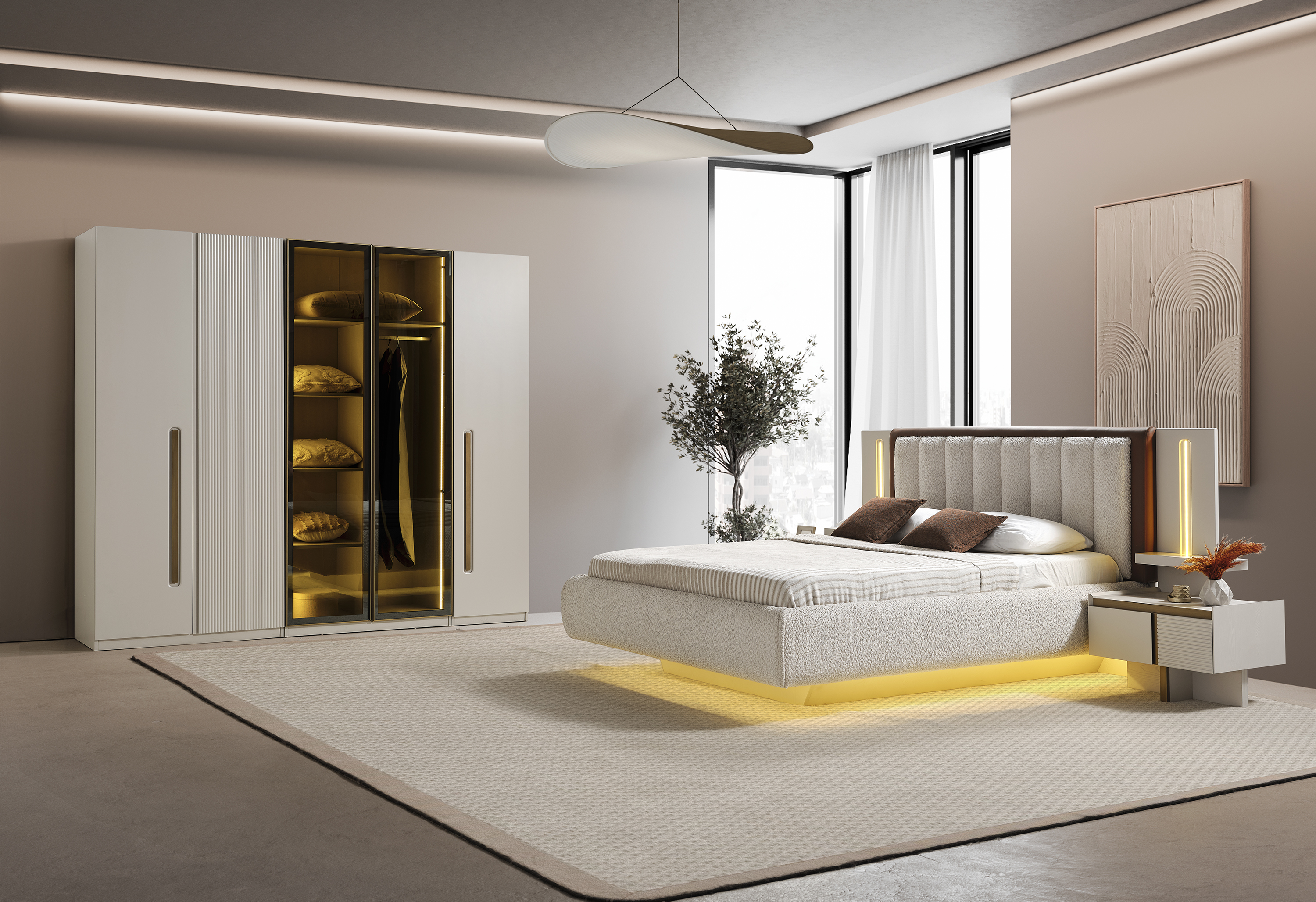 Elegantes Schlafzimmer-Set aus Holz in Beigetönen mit modernem Design