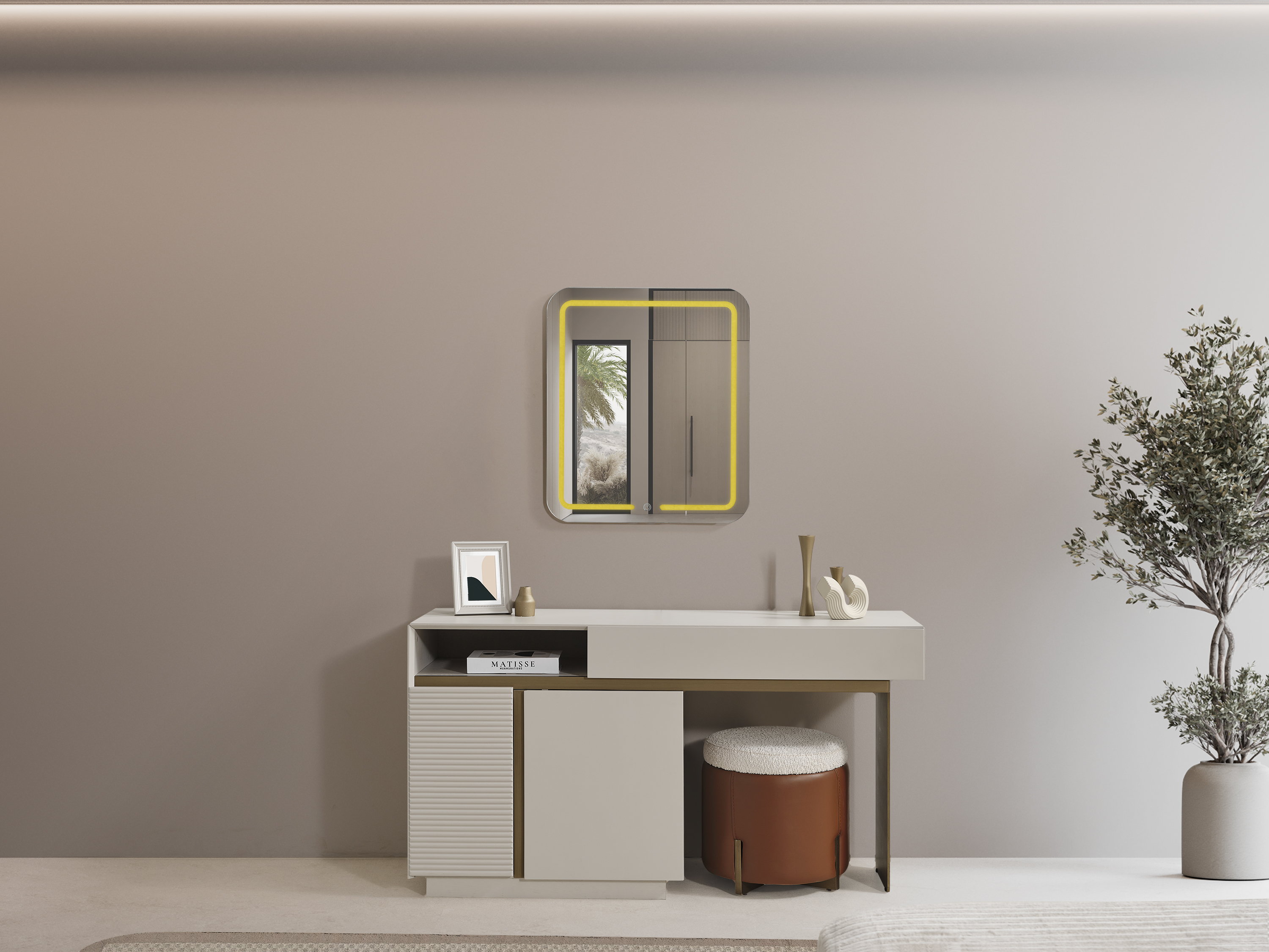 Eleganter Beiger Schminktisch mit Spiegel und Hocker aus Holz