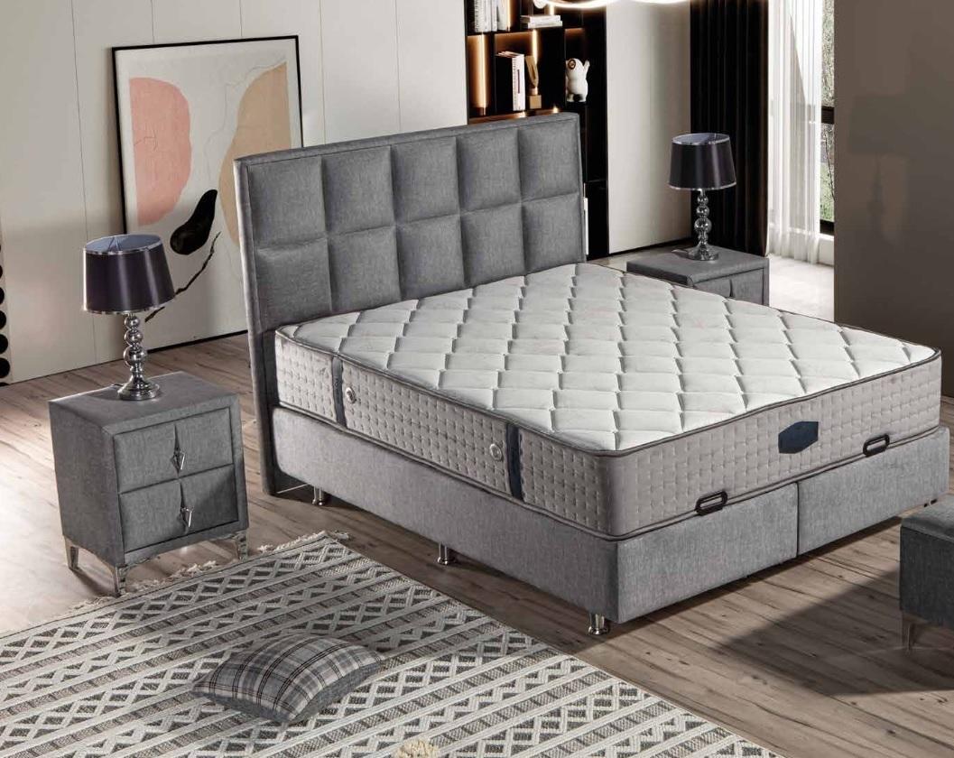 Graues Bett mit Matratze aus Textil und Edelstahl, modernes Design