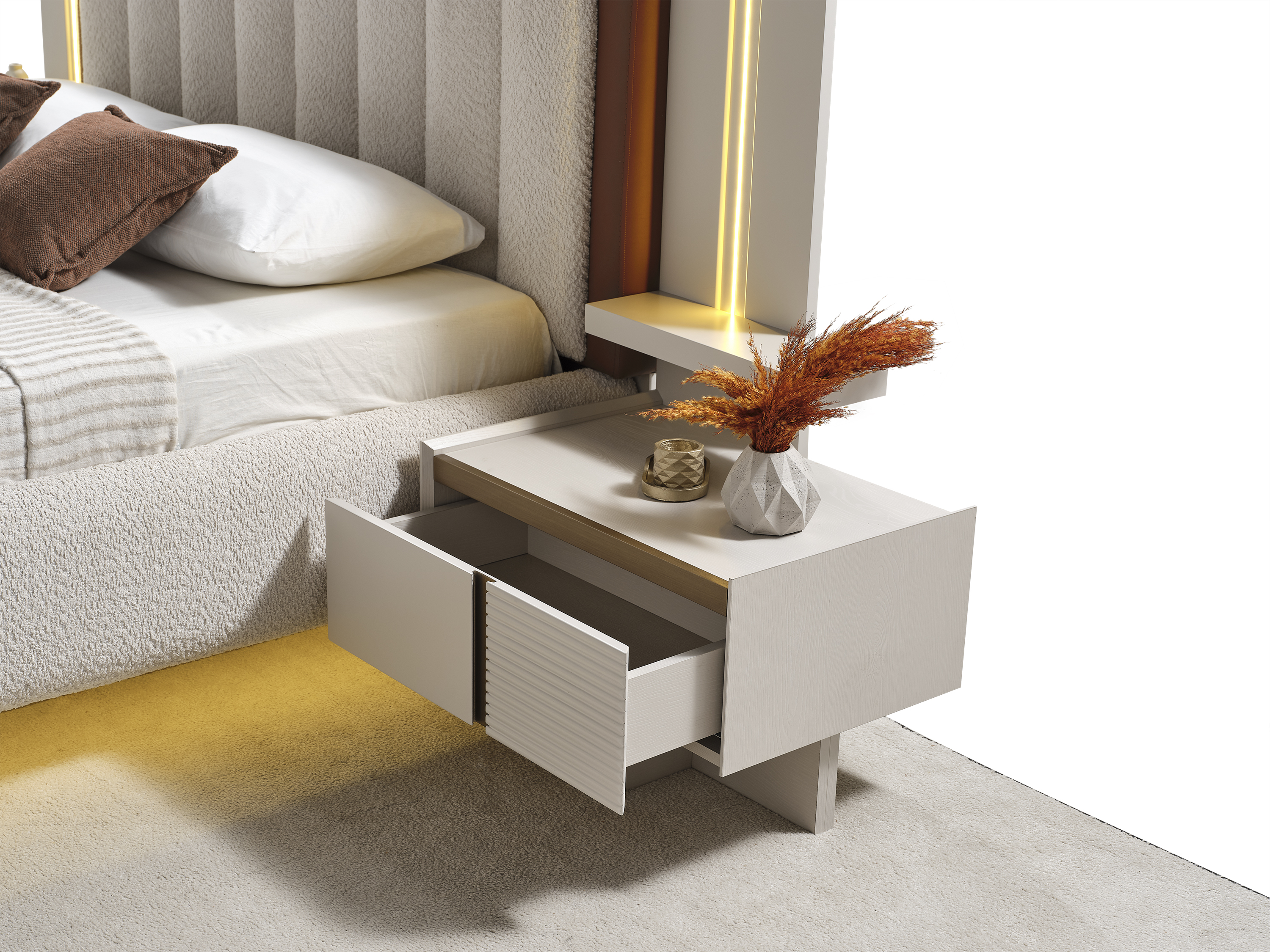 Nachttische aus Holz in Beige modern, stilvolles Schlafzimmer-Design