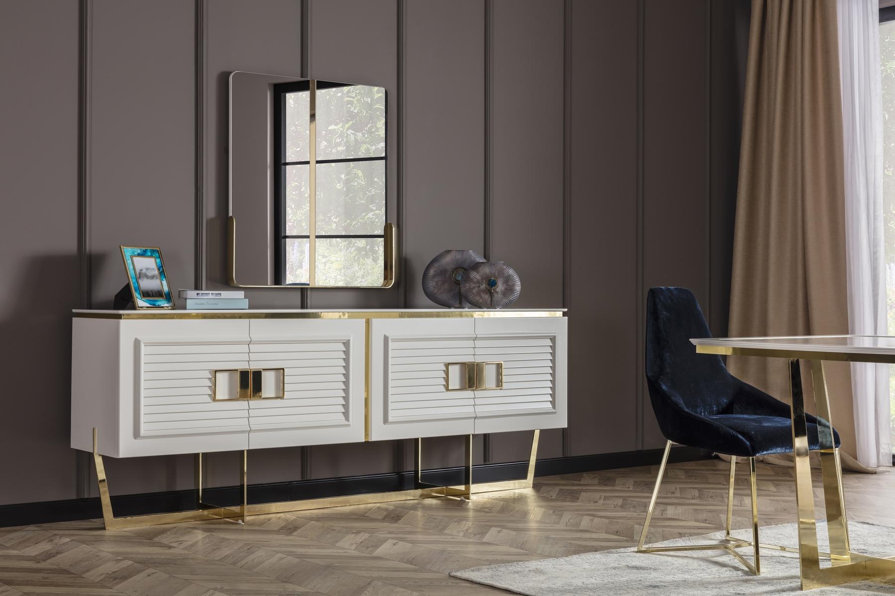 Elegantes weißes Sideboard mit Spiegel aus Holz, Metall und Glas