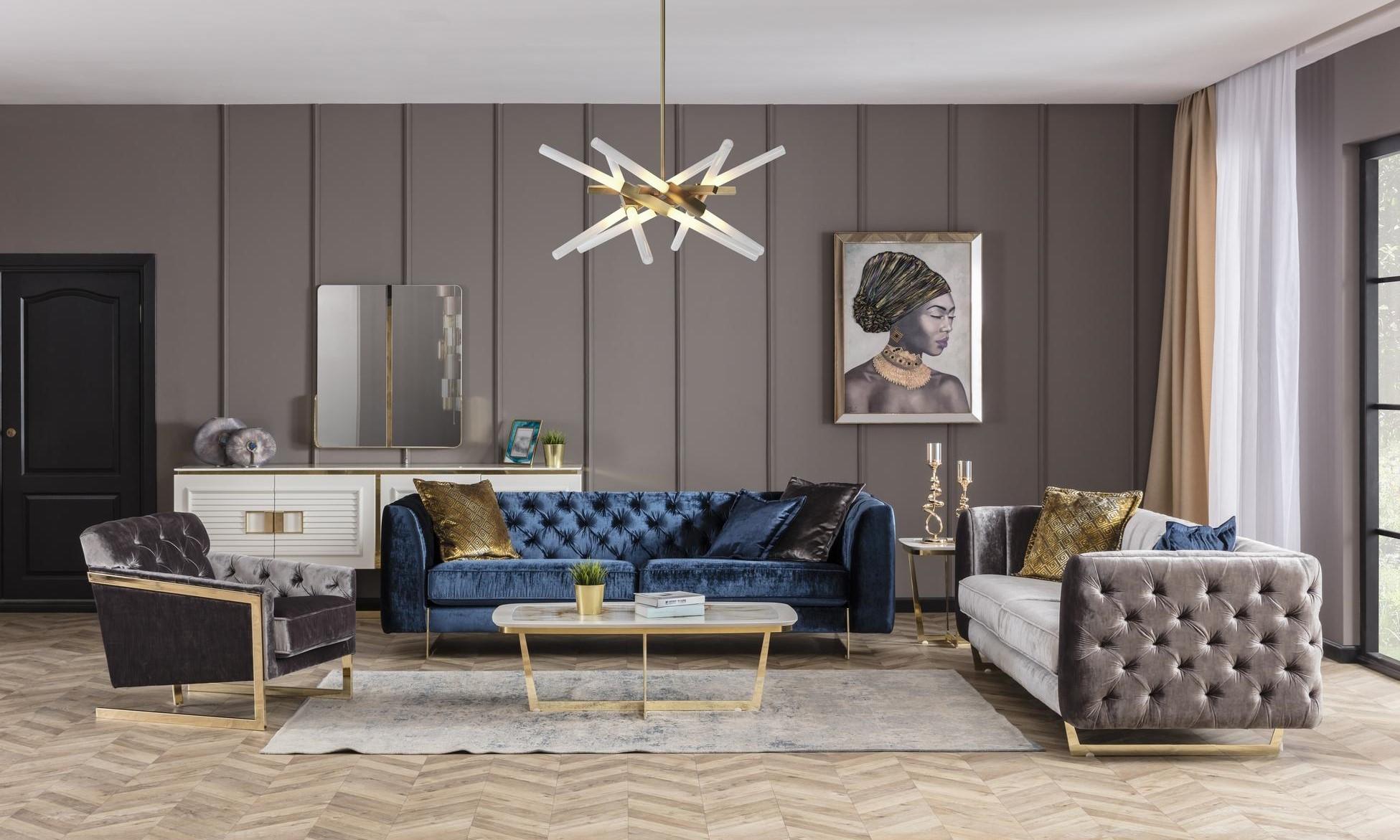 Elegantes Wohnzimmer Set aus Textil in Blau und Grau