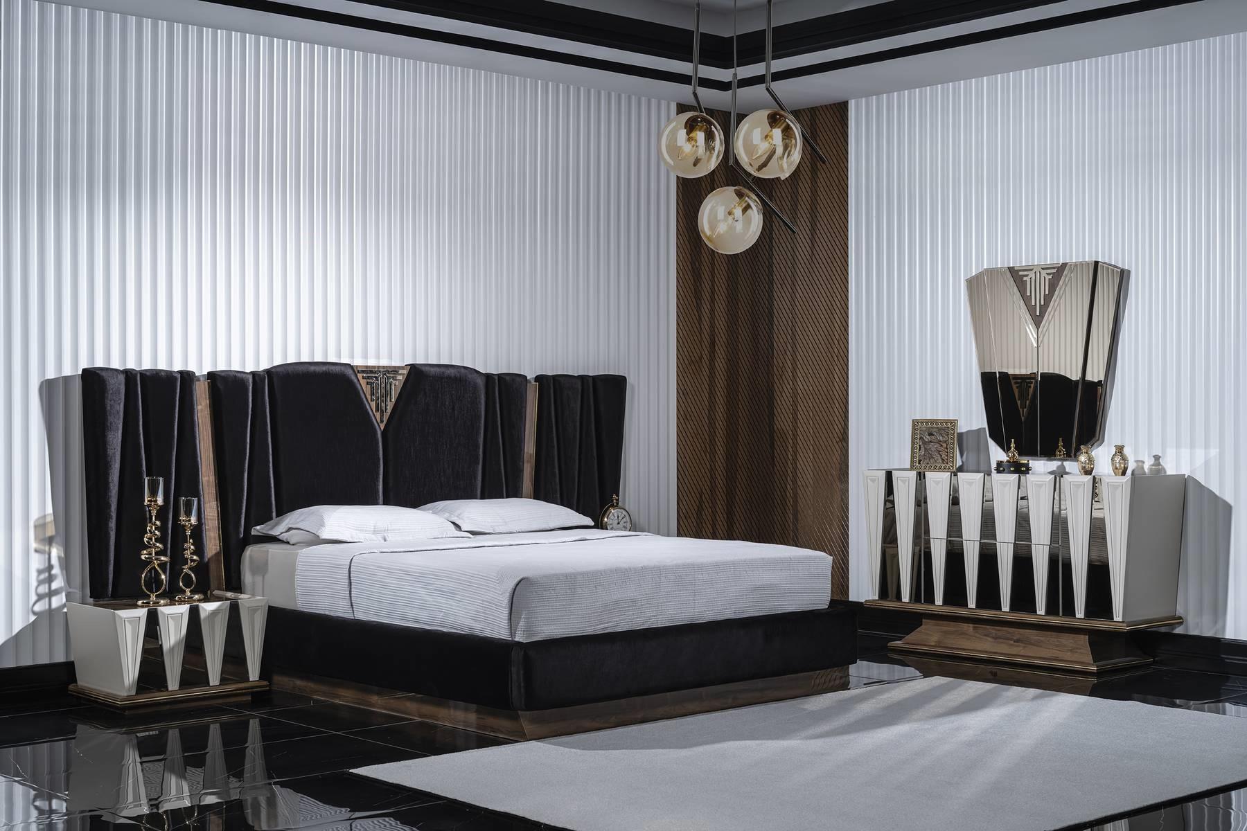 Schwarzweißes Schlafzimmer-Set aus Holz mit Spiegel und modernen