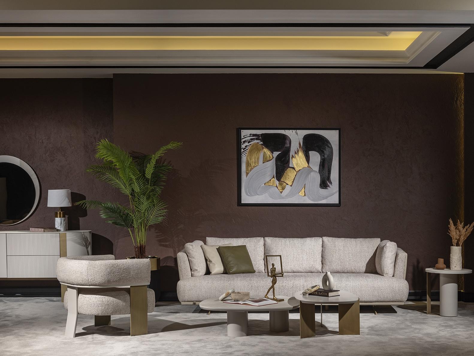 Moderner Beigefarbener Wohnzimmer Set aus Textil und Holz