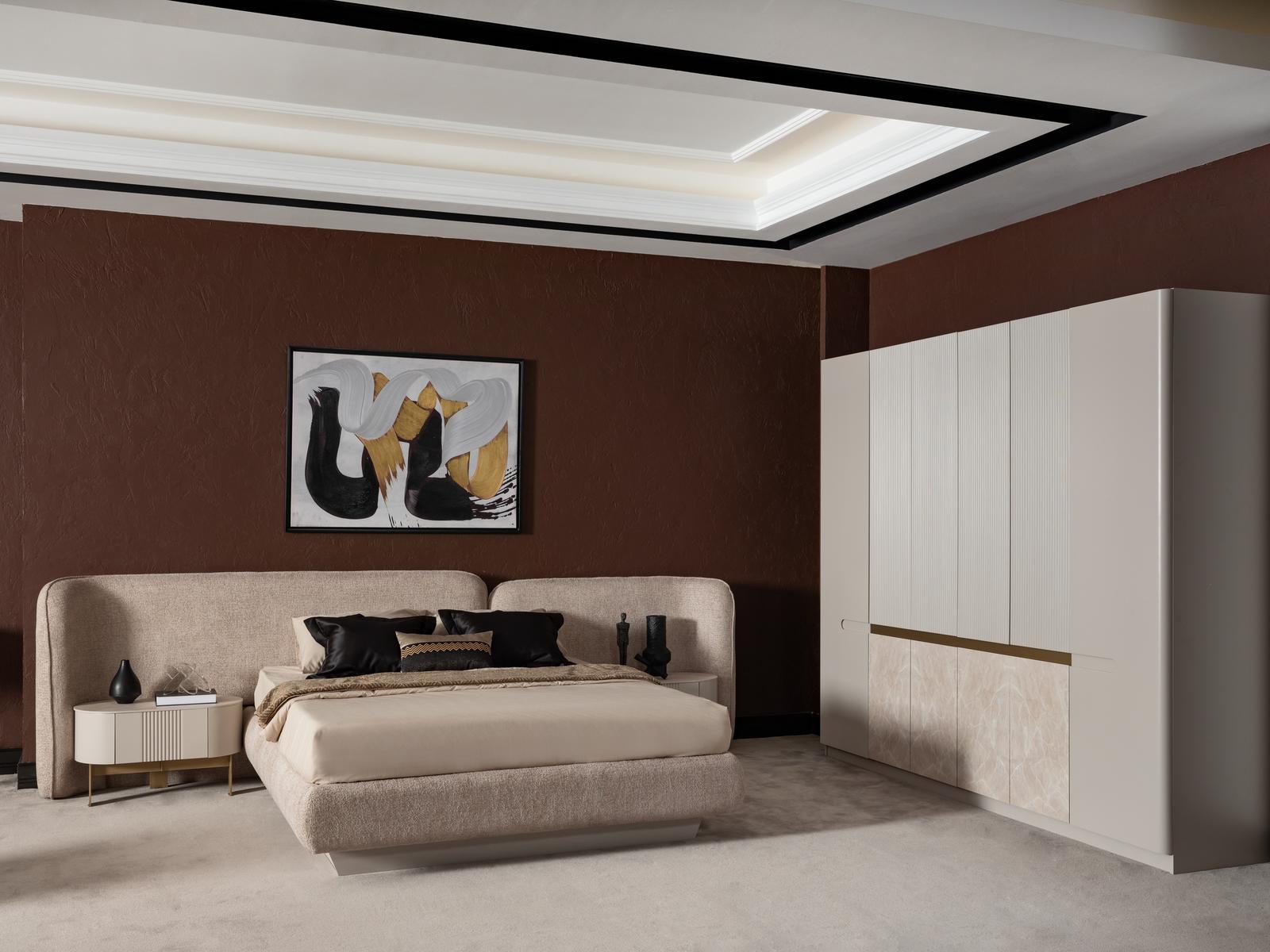 Modern Beigefarbene Holz-Möbelset für Schlafzimmer mit Bett