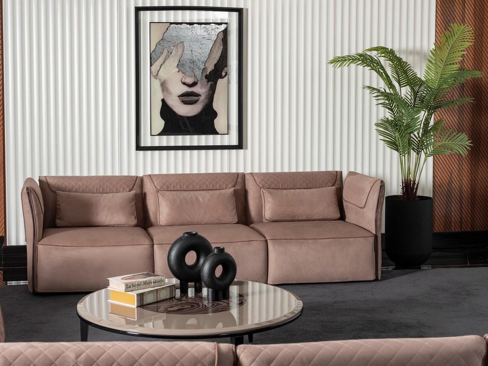 Elegantes Beiges 4-Sitzer-Sofa aus Textil und Holz