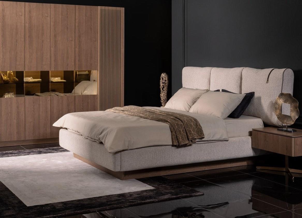 Graues Holz Textil Bett Modern Elegant Schlafzimmer