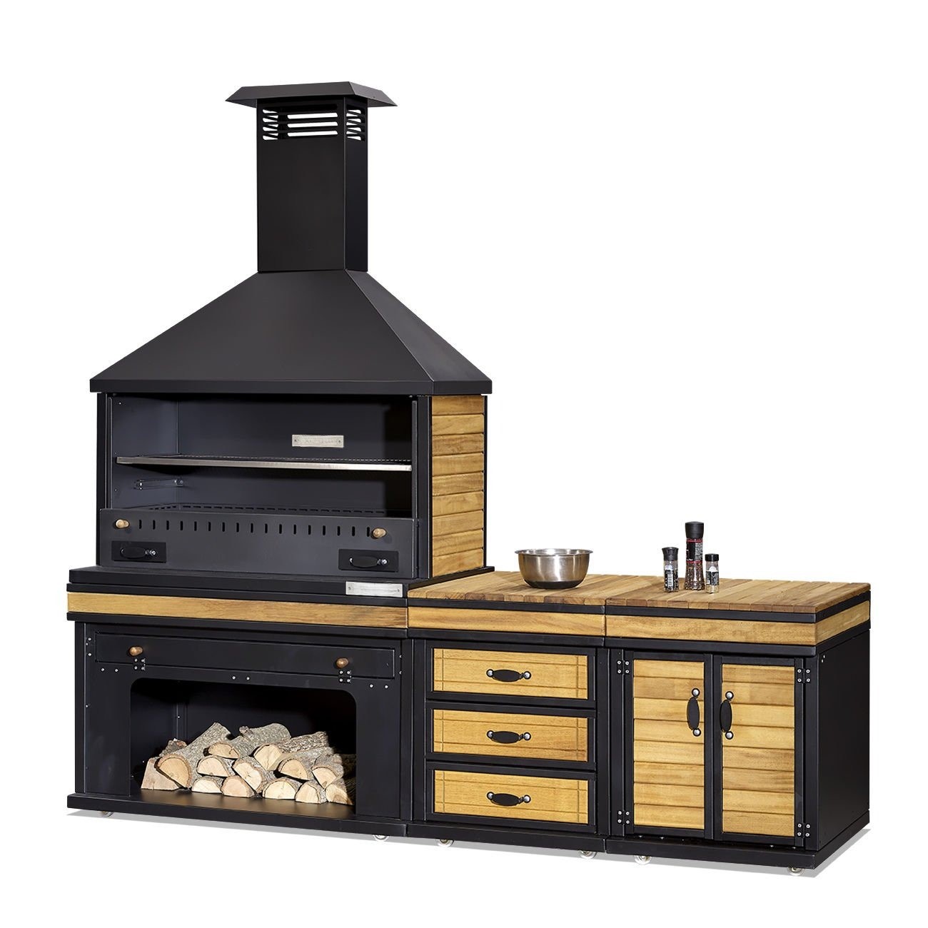 Elegante Außenküche aus Holz und Edelstahl in Schwarz