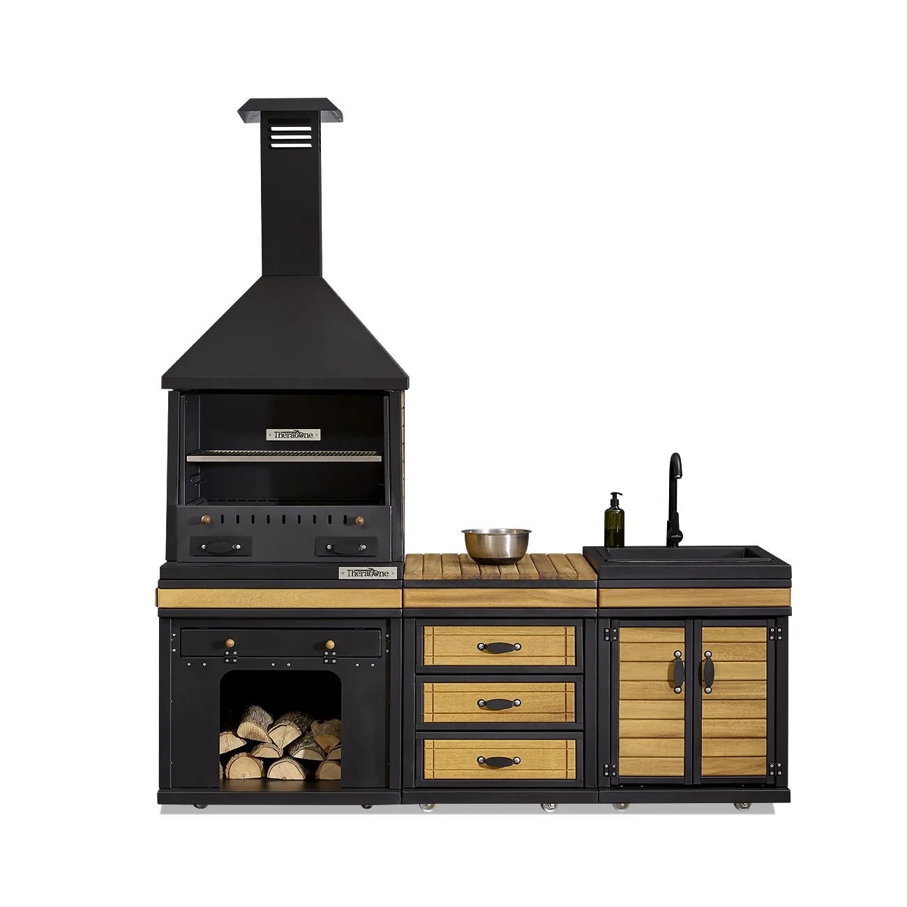 Moderne Außenküche in Schwarz aus Holz und Edelstahl