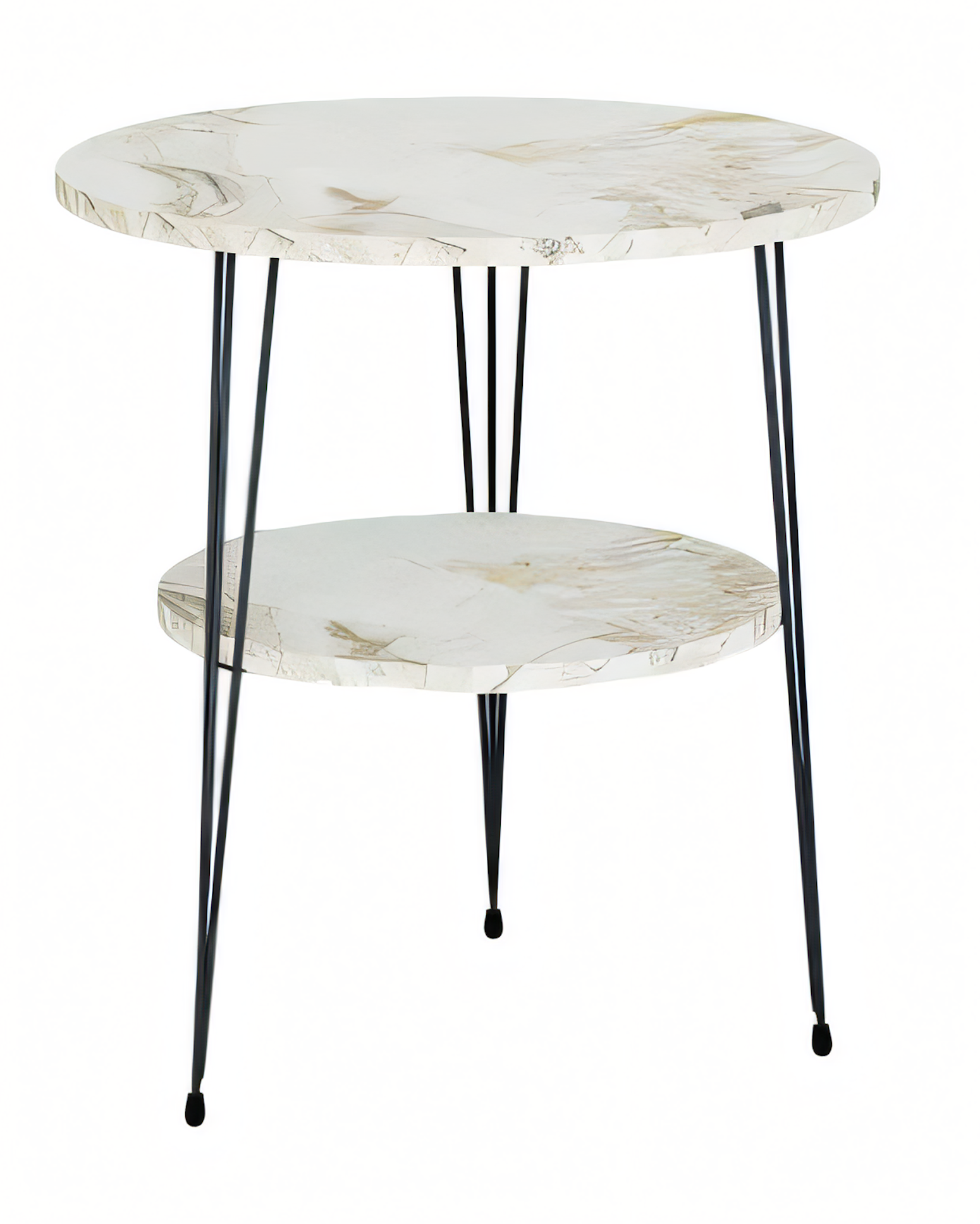 Design Beistelltisch mit zwei Etagen in Weiß und schwarzen Metallbeinen