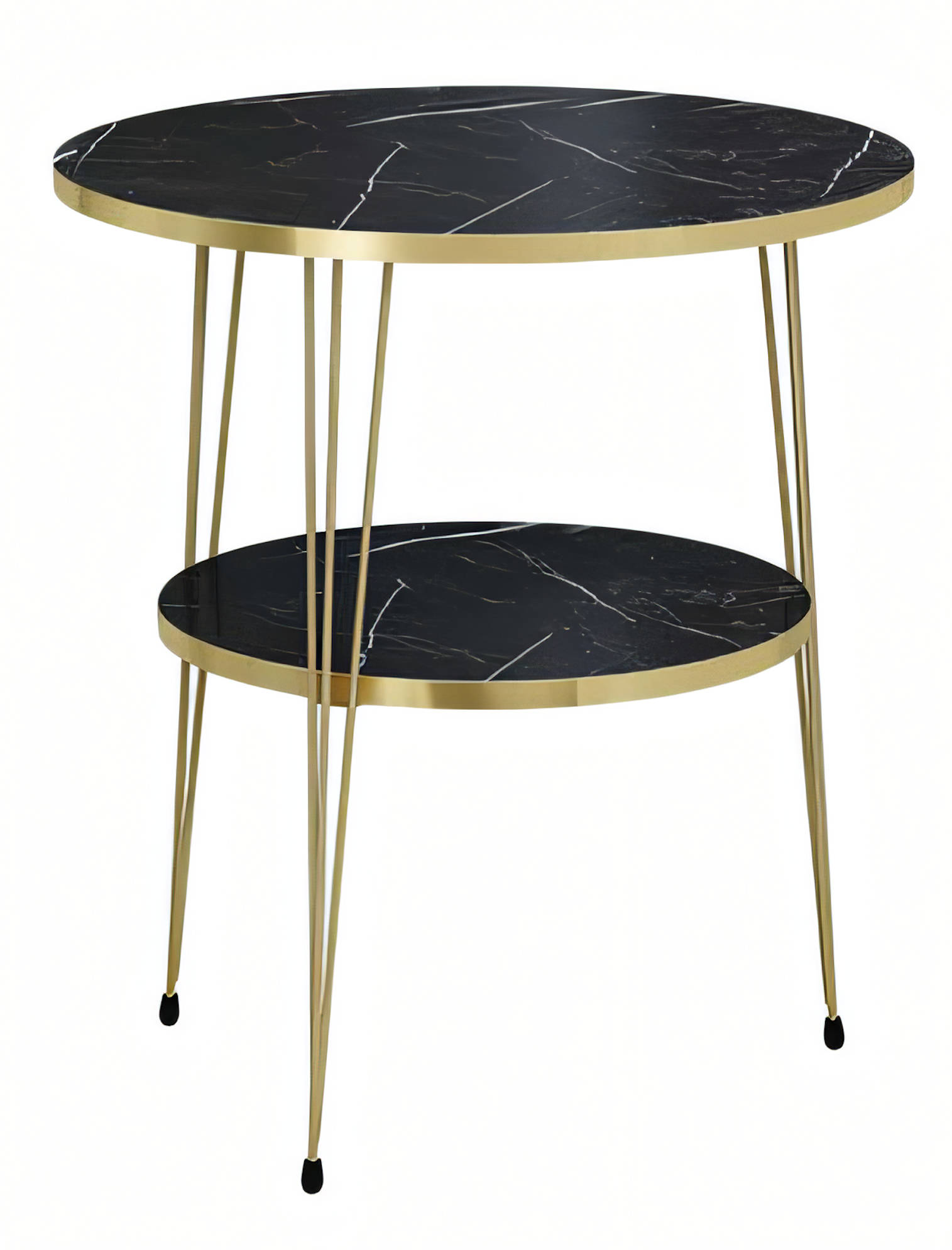 Design Couchtisch Rund mit Hocker Set Goldene Beine Schwarz-Marmor