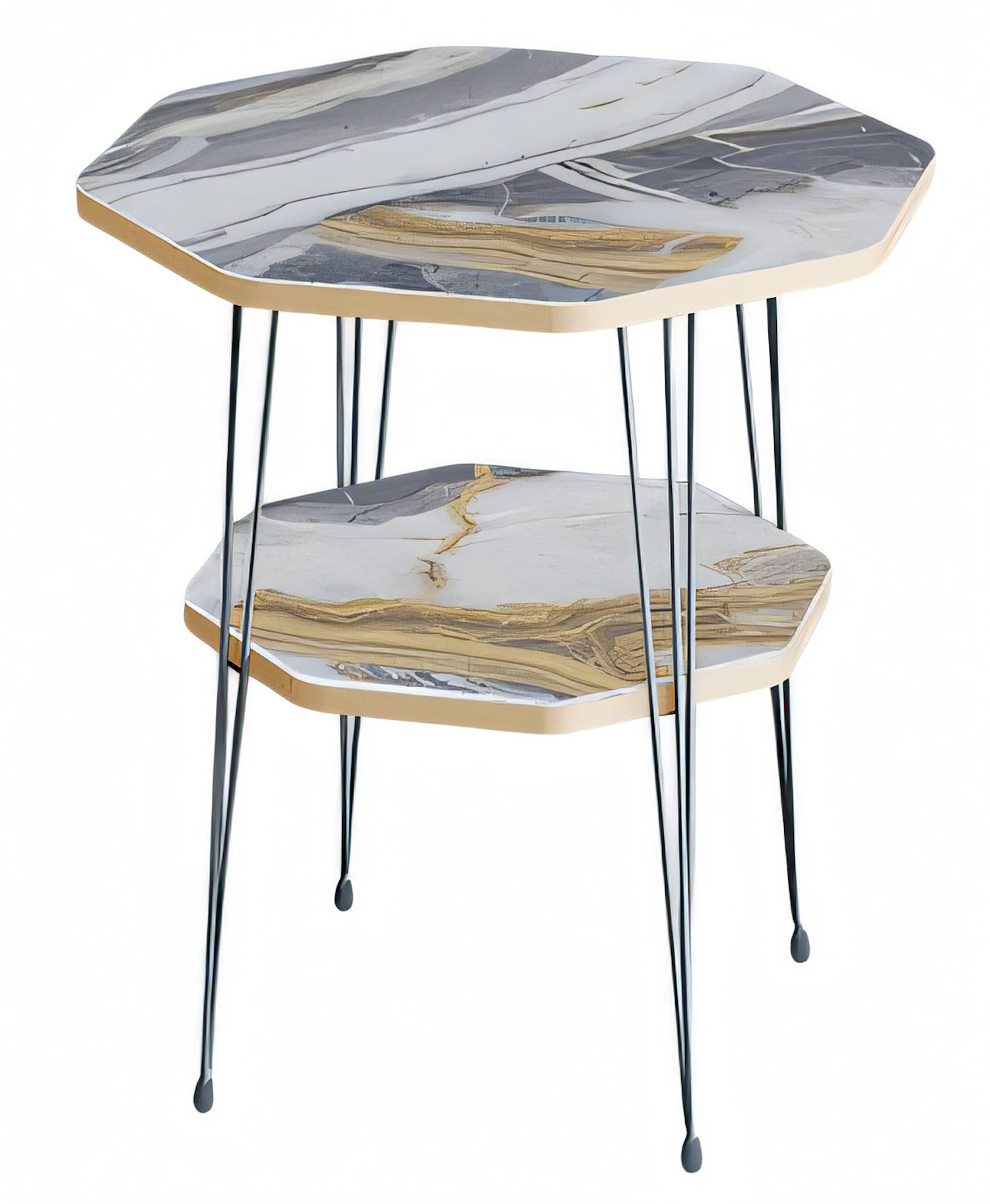 Design Couchtisch Oktagonal mit Hocker Set Goldene Akzente