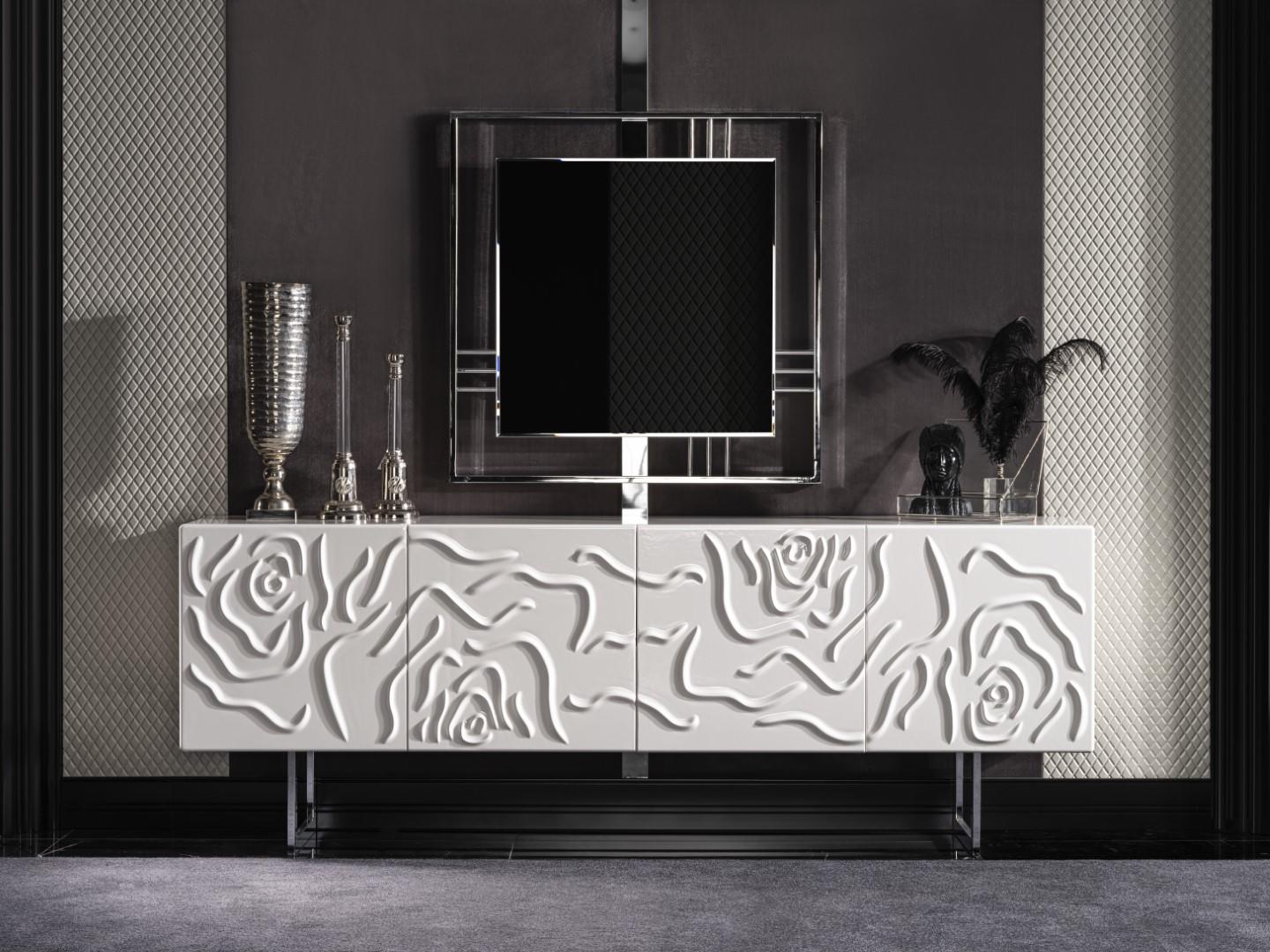 Elegantes weißes Esszimmer Set mit Sideboard und Spiegel aus Holz