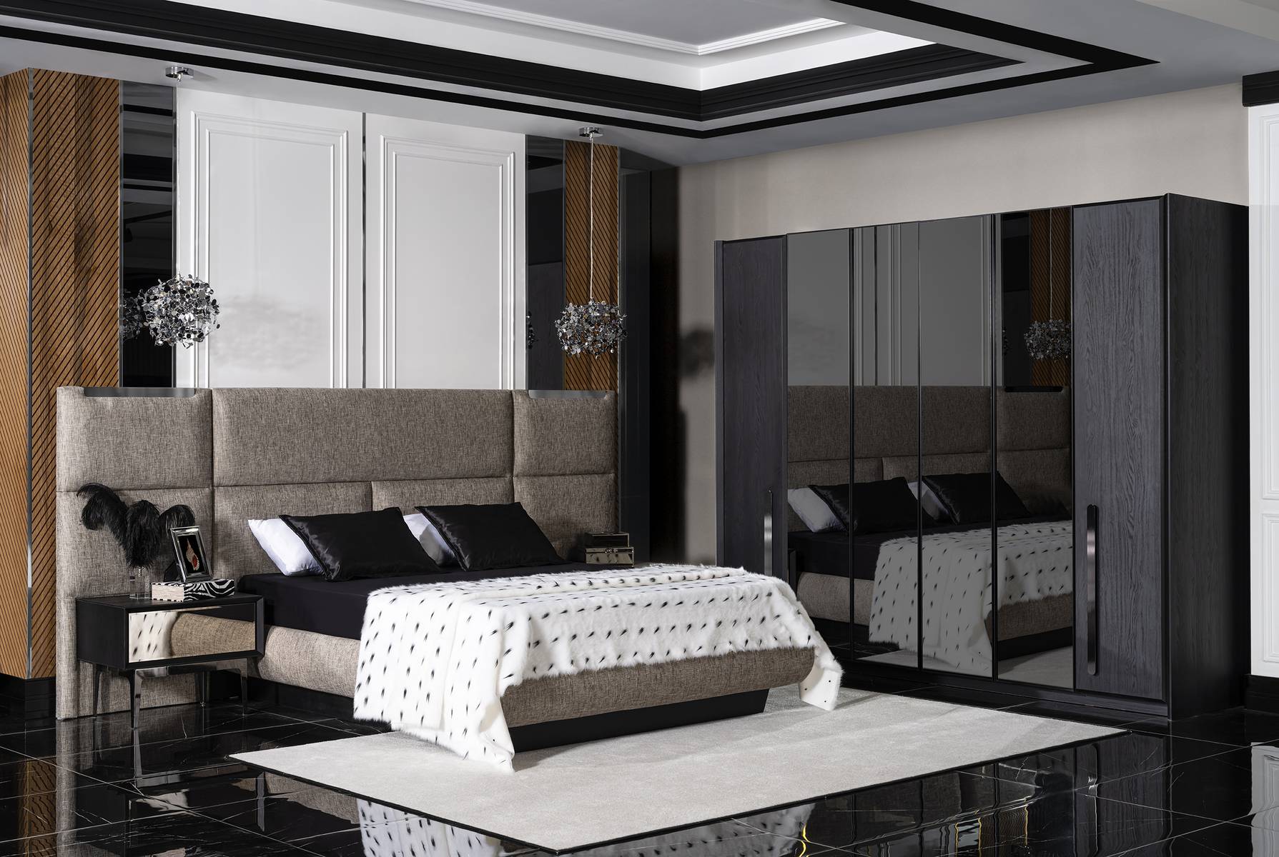 Design Komplett Möbel Moderne Schlafzimmer Bett 2x Nachttische Kleiderschrank