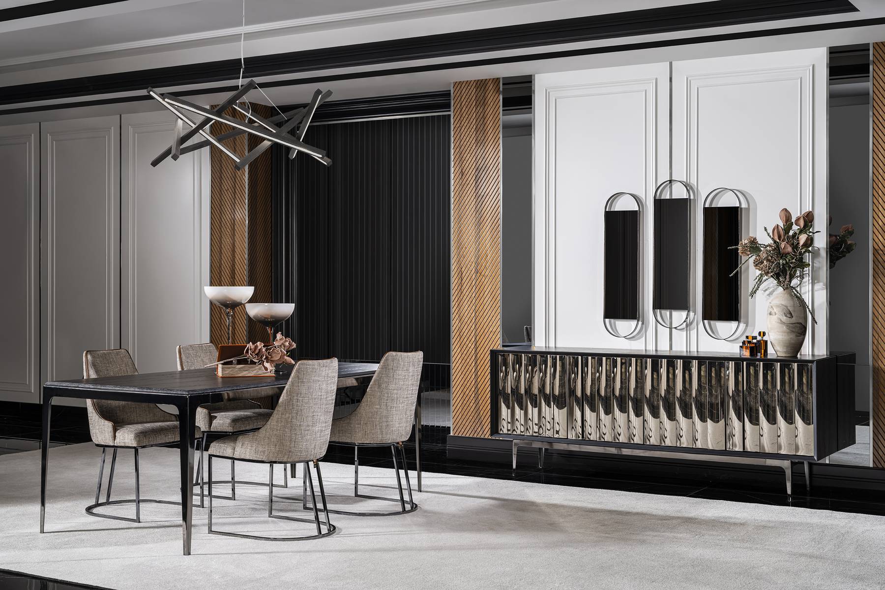 Elegantes schwarzes Esszimmer Set aus Holz mit Tisch, Stühlen