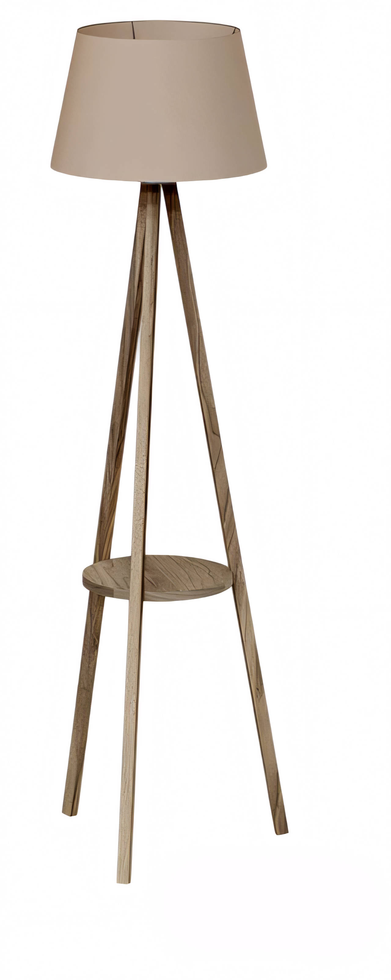 Stehlampe mit Regal Holz Beigeton modern elegante Wohnraumbeleuchtung