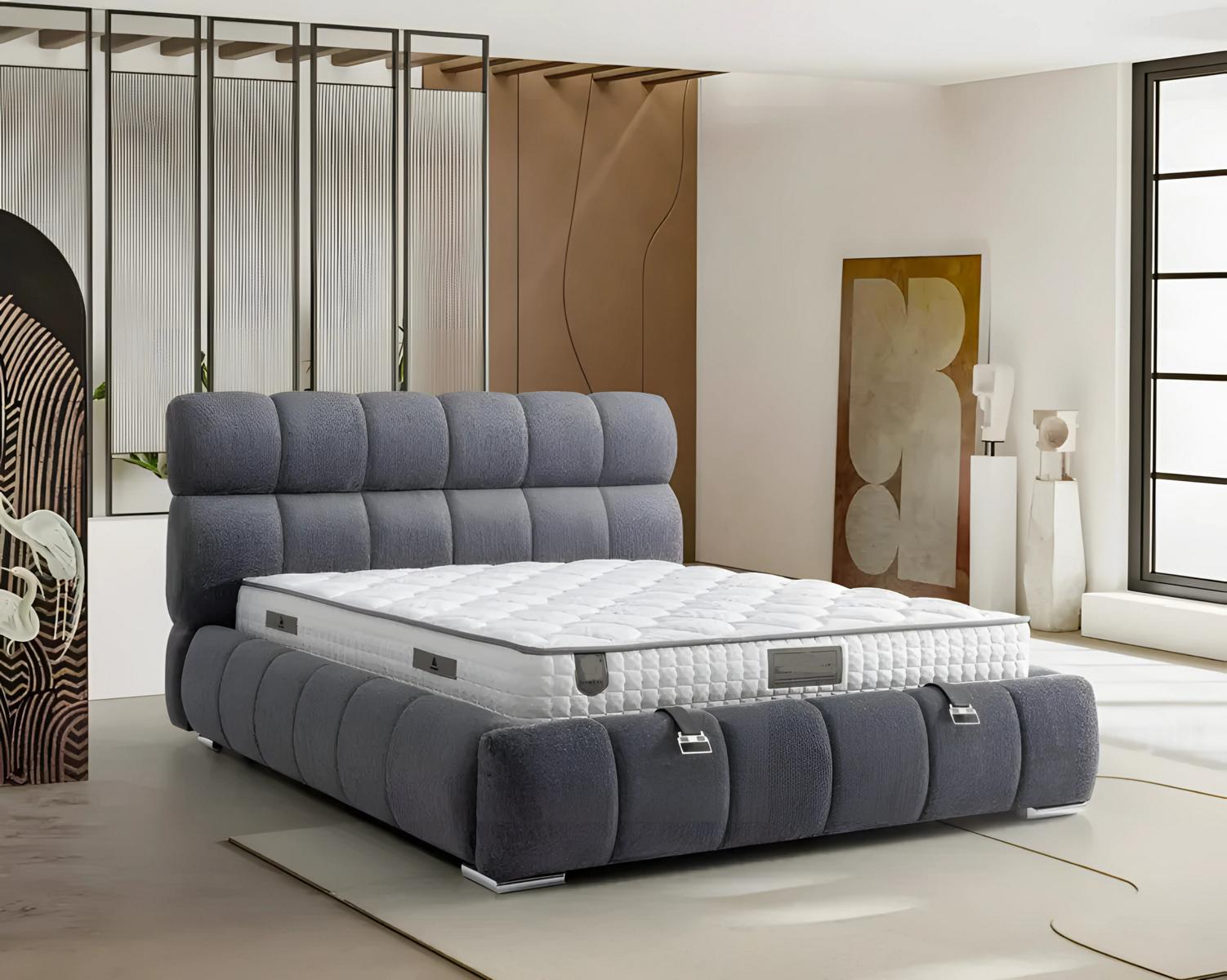 Modern blaues Bett mit Matratze aus Textil und Holz