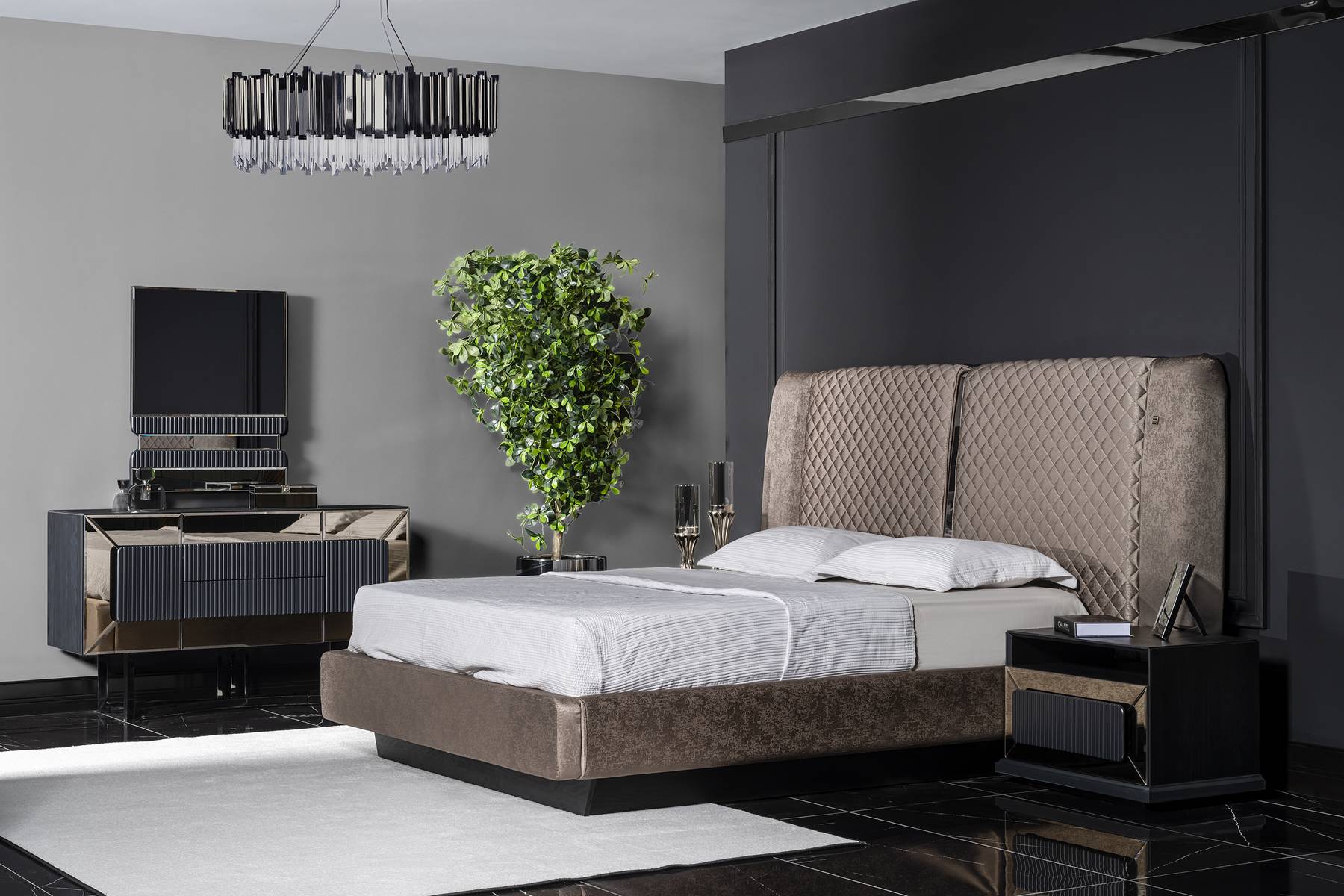 Elegantes graues Holz-Möbelset für Schlafzimmer mit Bett, Nachttischen