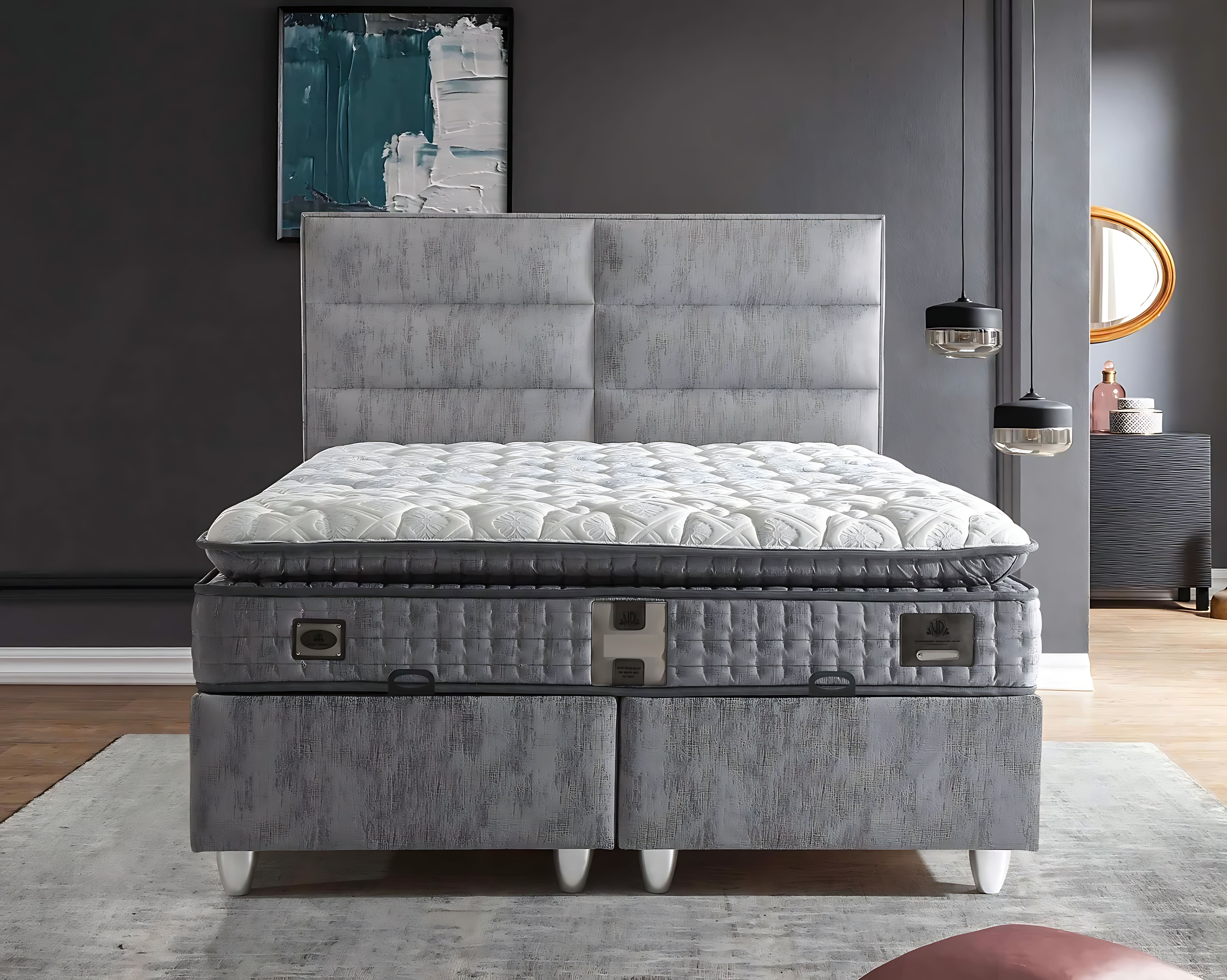 Grau Polsterbett mit Matratze Modernes Textilbett