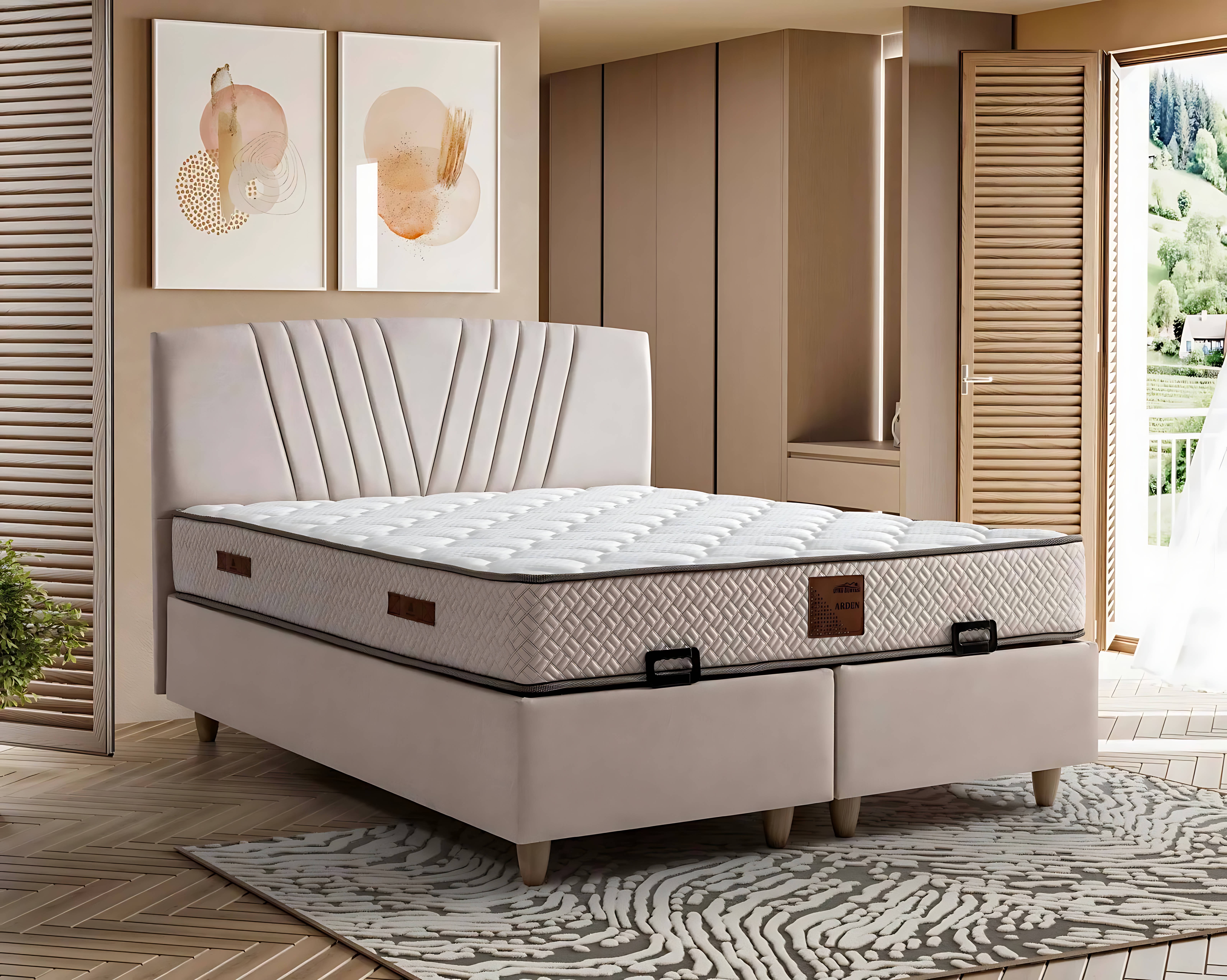 Elegantes Bett mit Matratze in Beige aus Textil und Holz