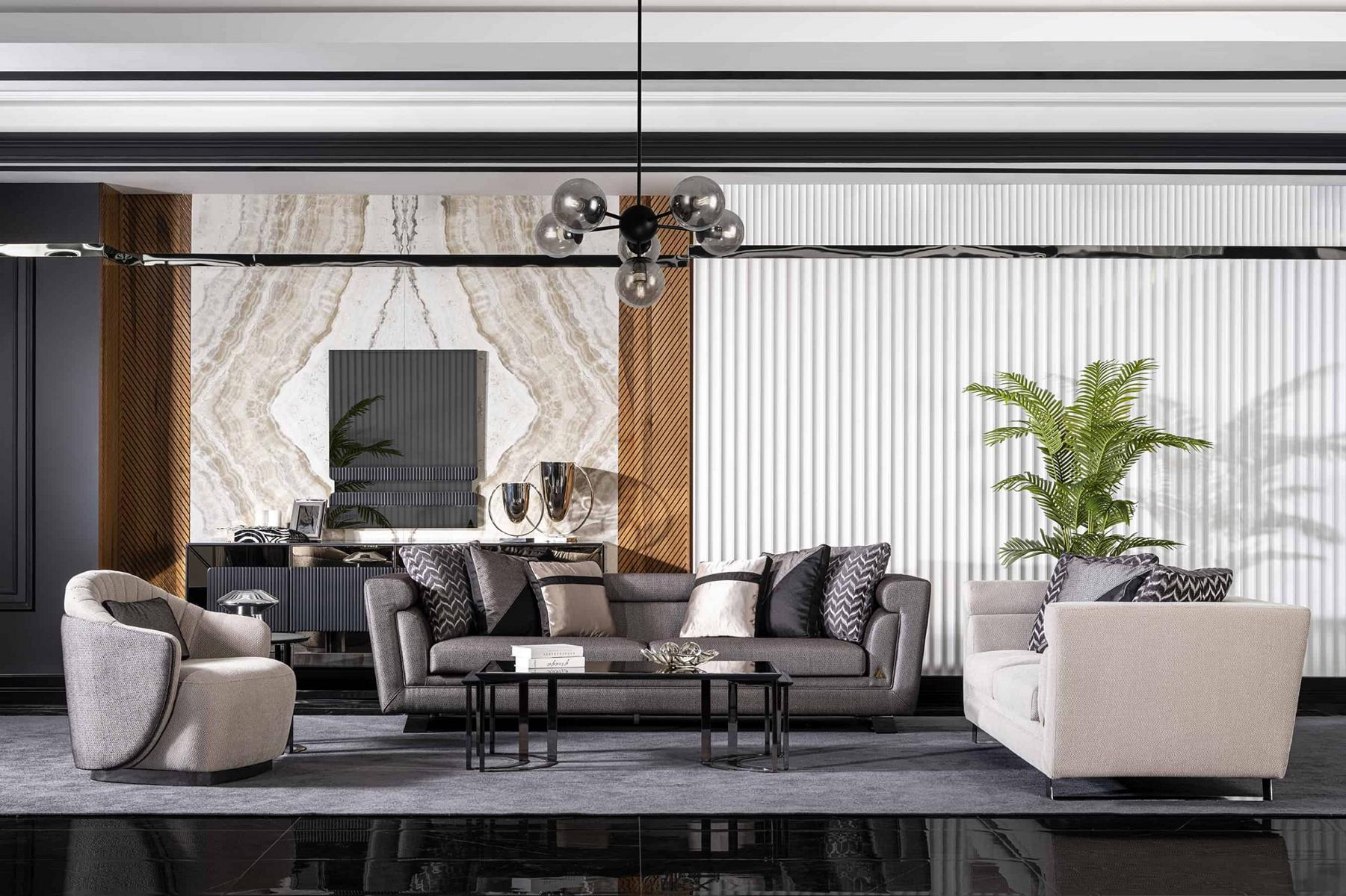 Moderner Wohnzimmer Set aus Textil in Grau mit Holzrahmen