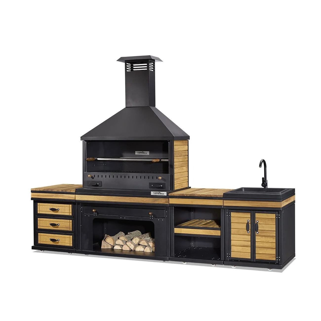 Außenküche in Schwarz und Braun aus Holz und Edelstahl elegant