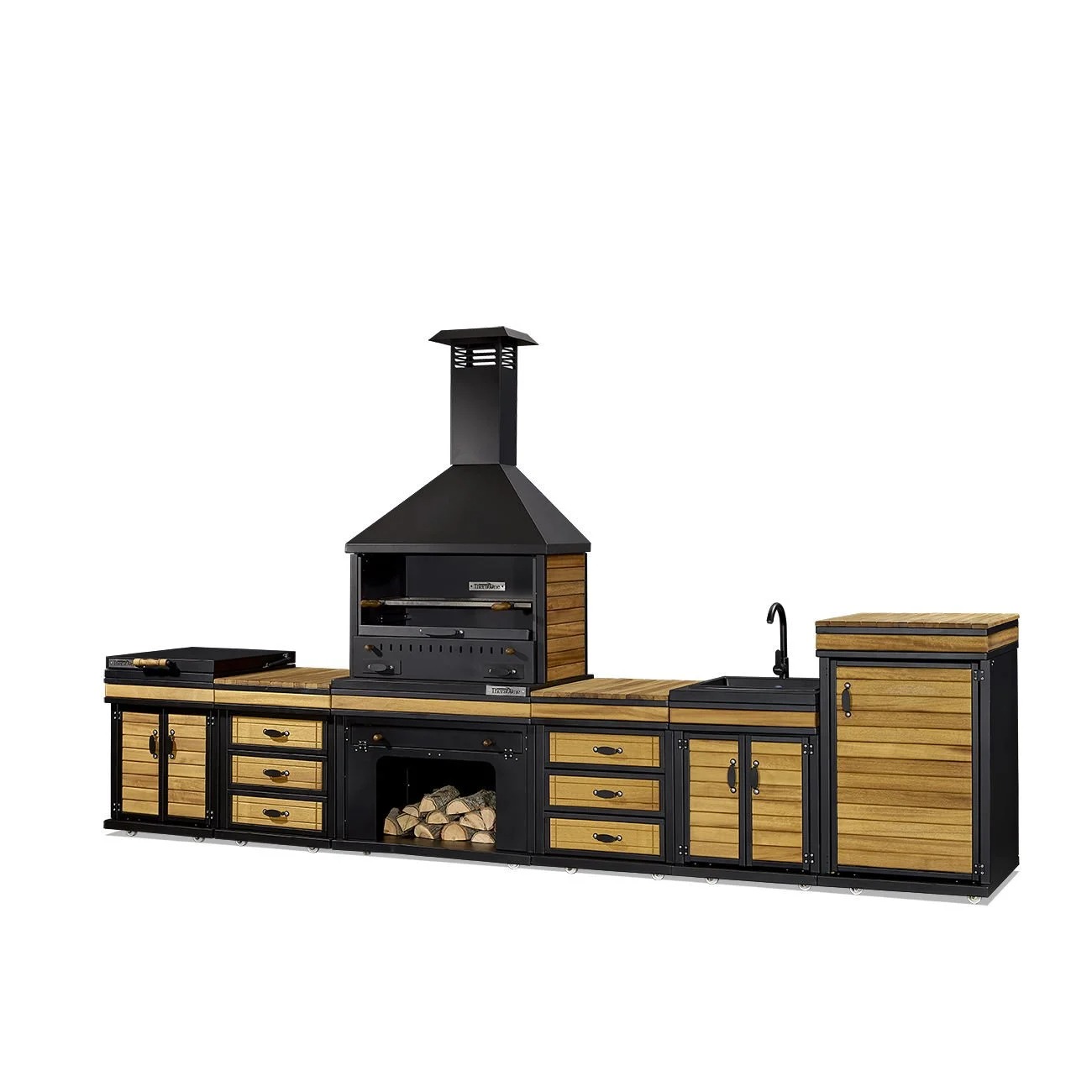 Elegante Außenküche in Schwarz aus Holz und Edelstahl