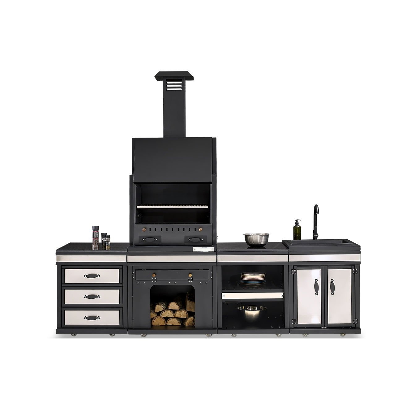 Elegante Außenküche aus Edelstahl in Schwarz für Garten und Terrasse