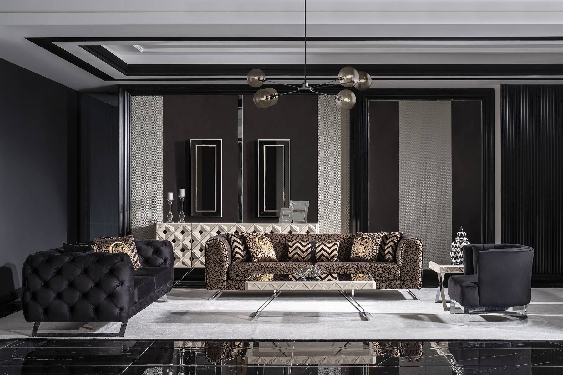 Moderner schwarzer und brauner Holz-Textil-Sofaset mit stilvollem