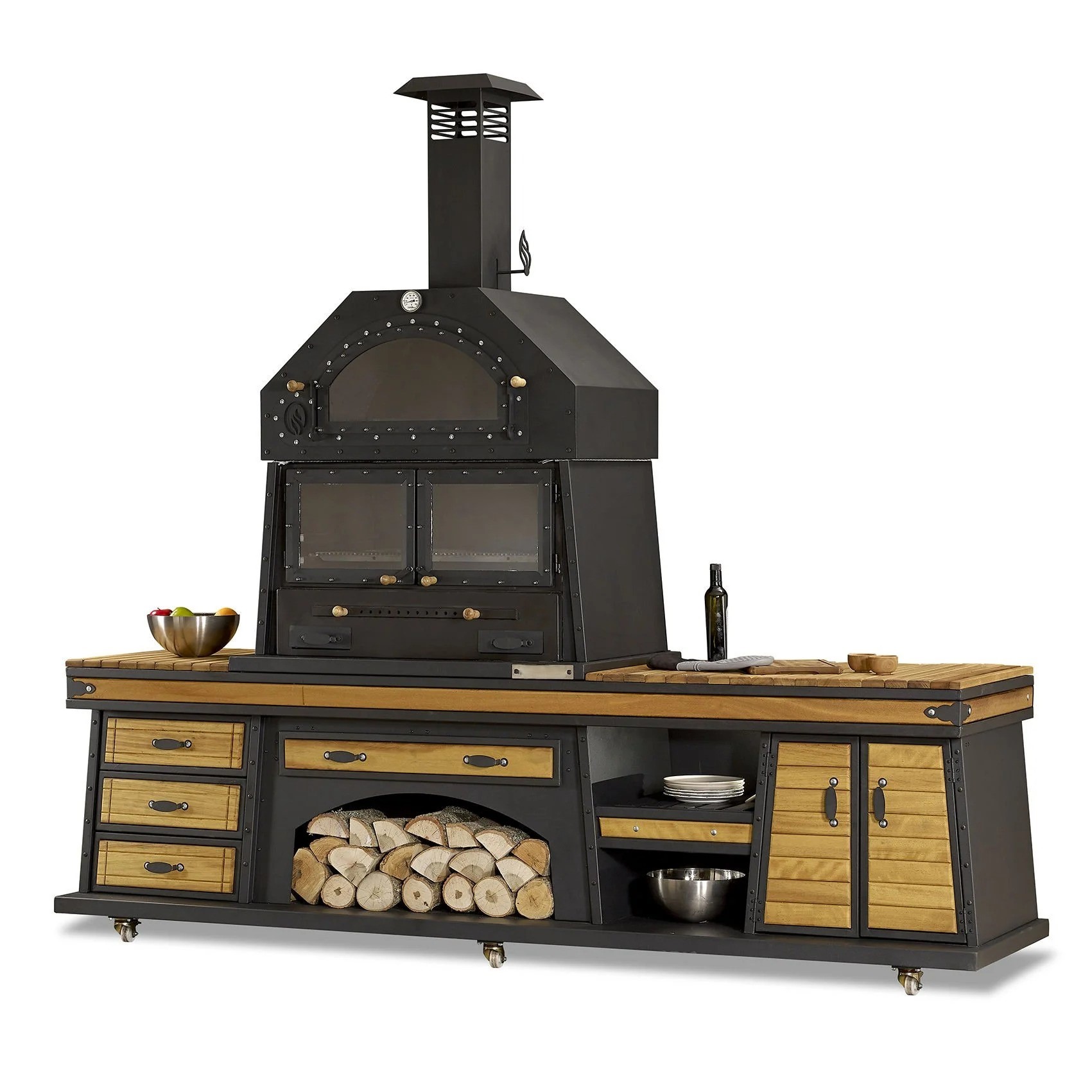 Elegante schwarze Außenküche aus Holz und Edelstahl für Garten