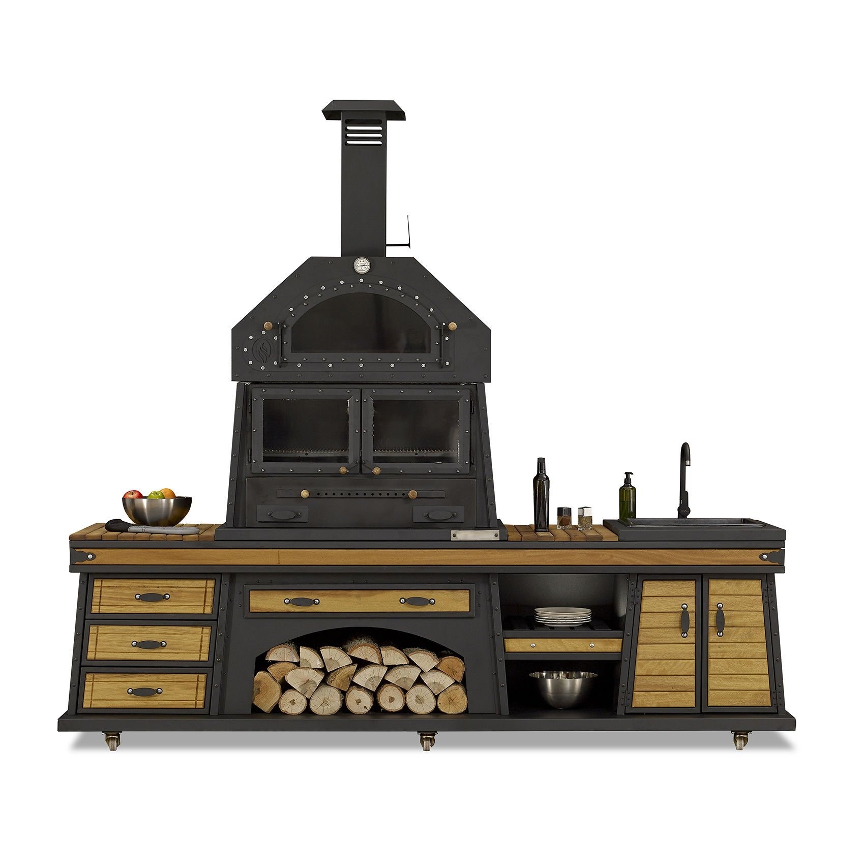 Außenküche in Schwarz aus Holz und Edelstahl modern