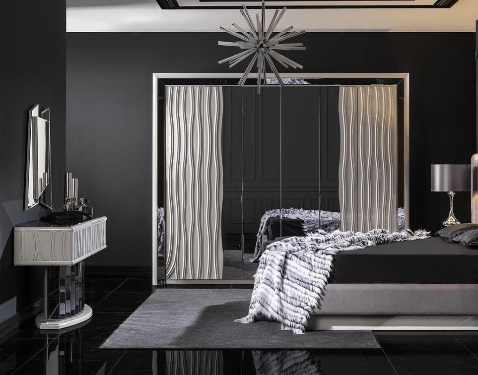 Weißer Holz-Kleiderschrank und Schminktisch mit Spiegel im klassischen