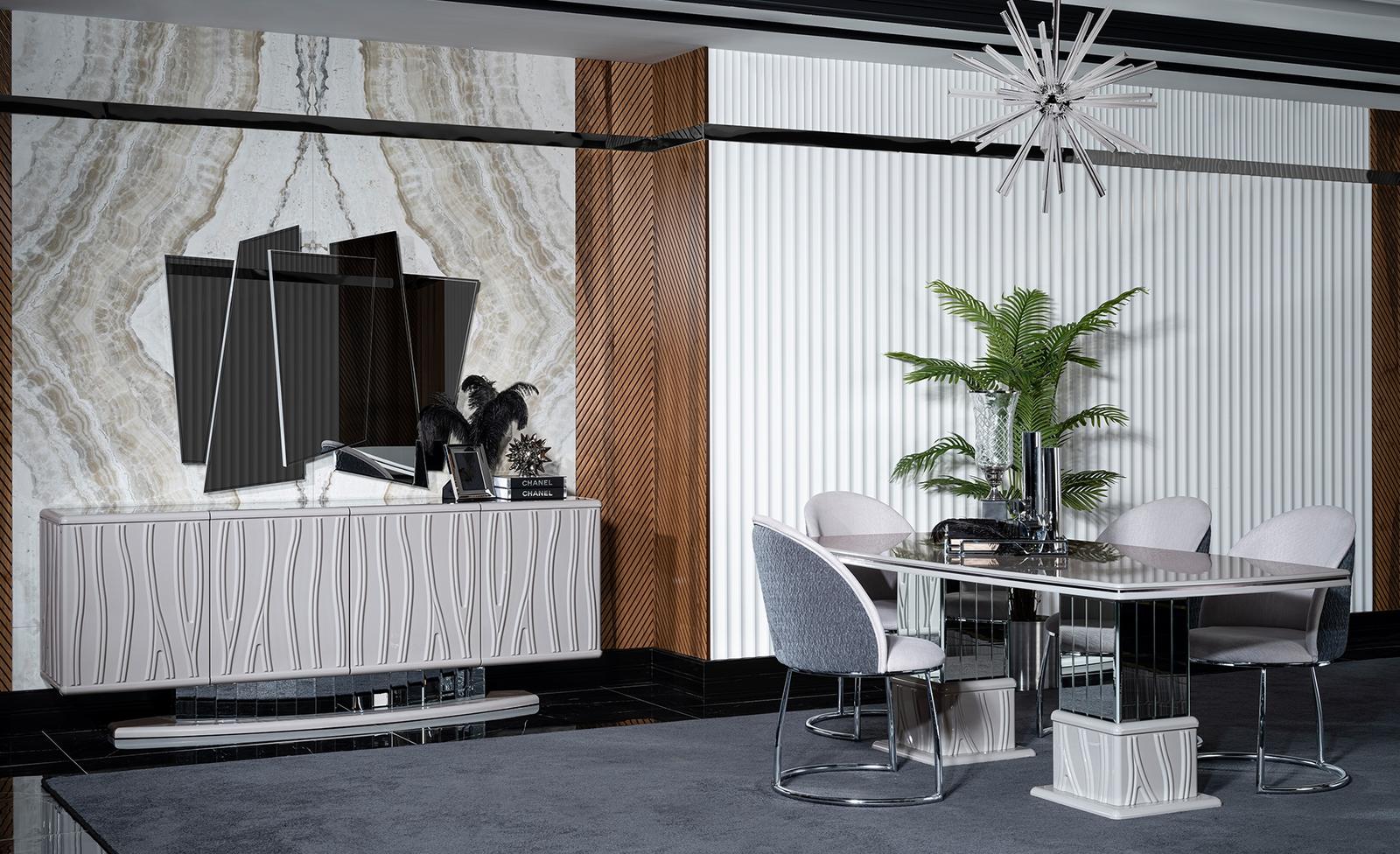 Elegantes weißes Esszimmer Set aus Holz mit Spiegel und Sideboard