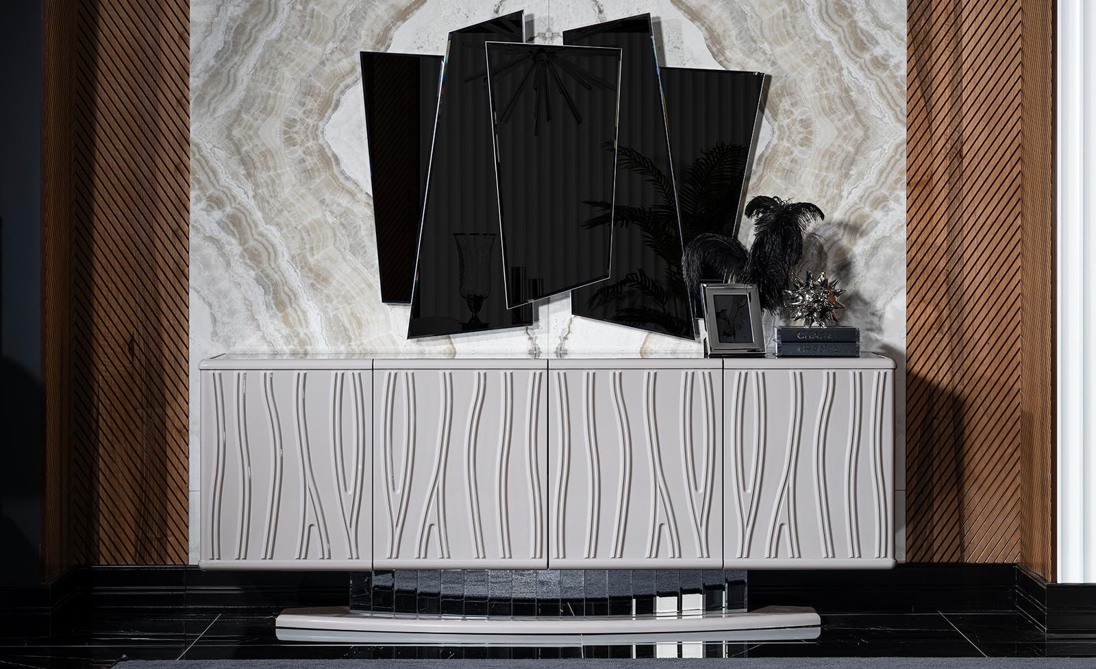 Elegantes Weißes Holz- und Glasmöbel-Set für Esszimmer mit Sideboard