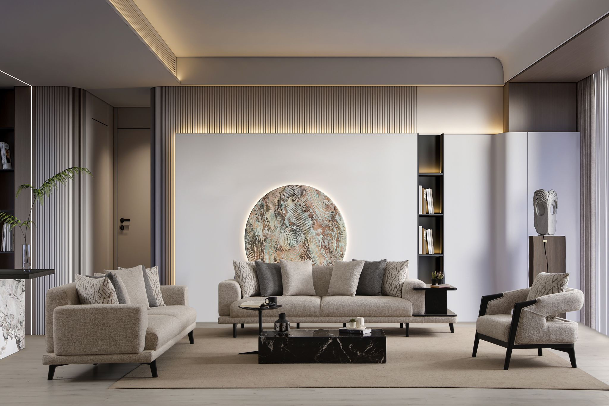 Elegantes Wohnzimmer Set aus Holz und Textil in Beige