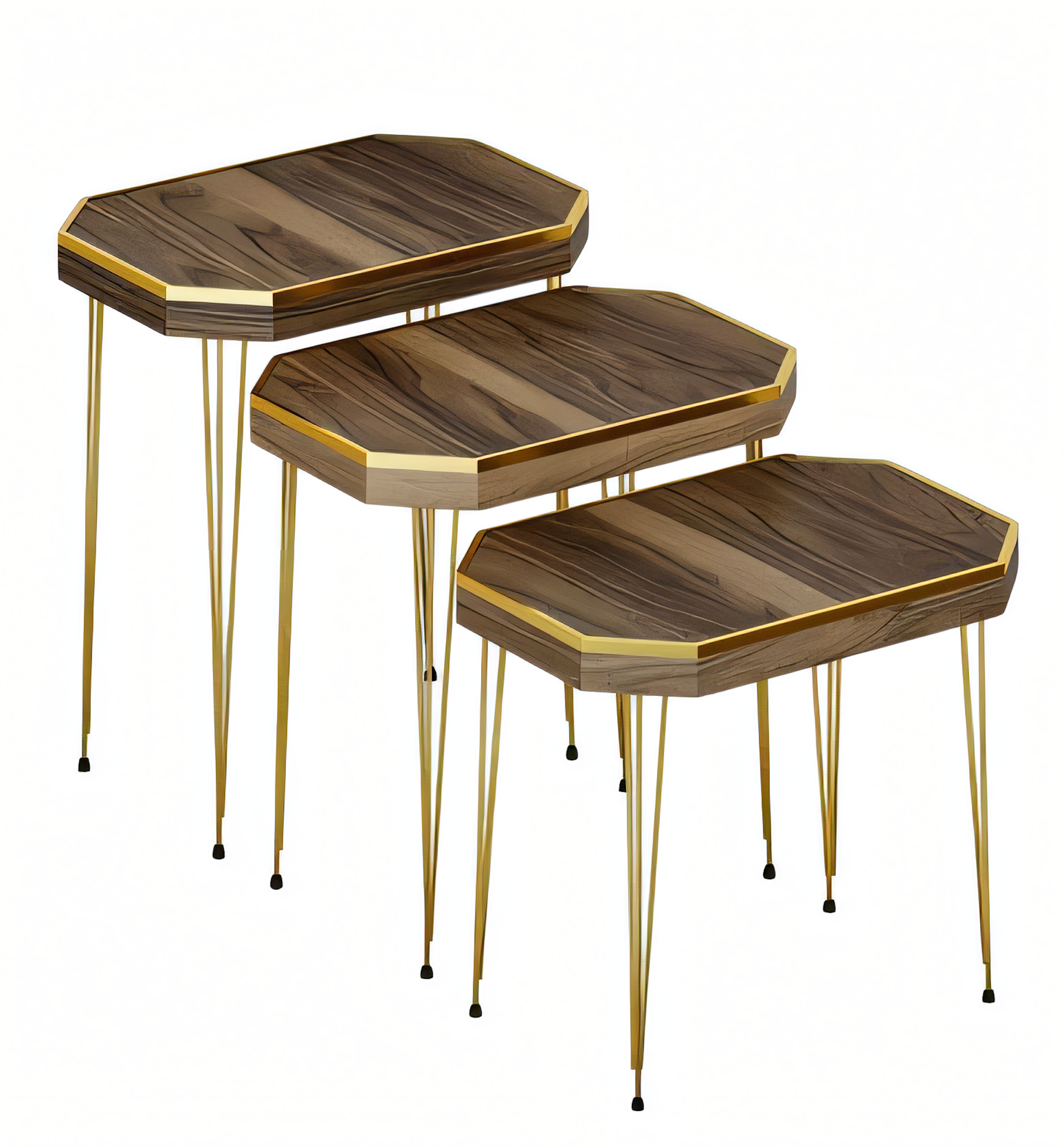 Beistelltisch Set 3 Teile in Walnuss-Optik mit Goldenen Metallbeinen